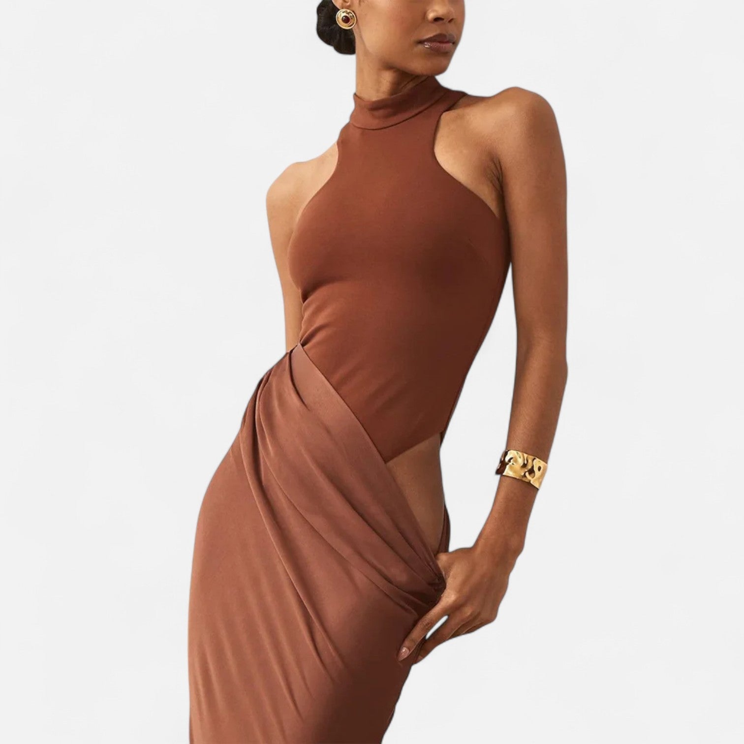Volarno | Women’s Satin Hollow-Out Maxi Dress – Silken Flow, Sculpted Allure