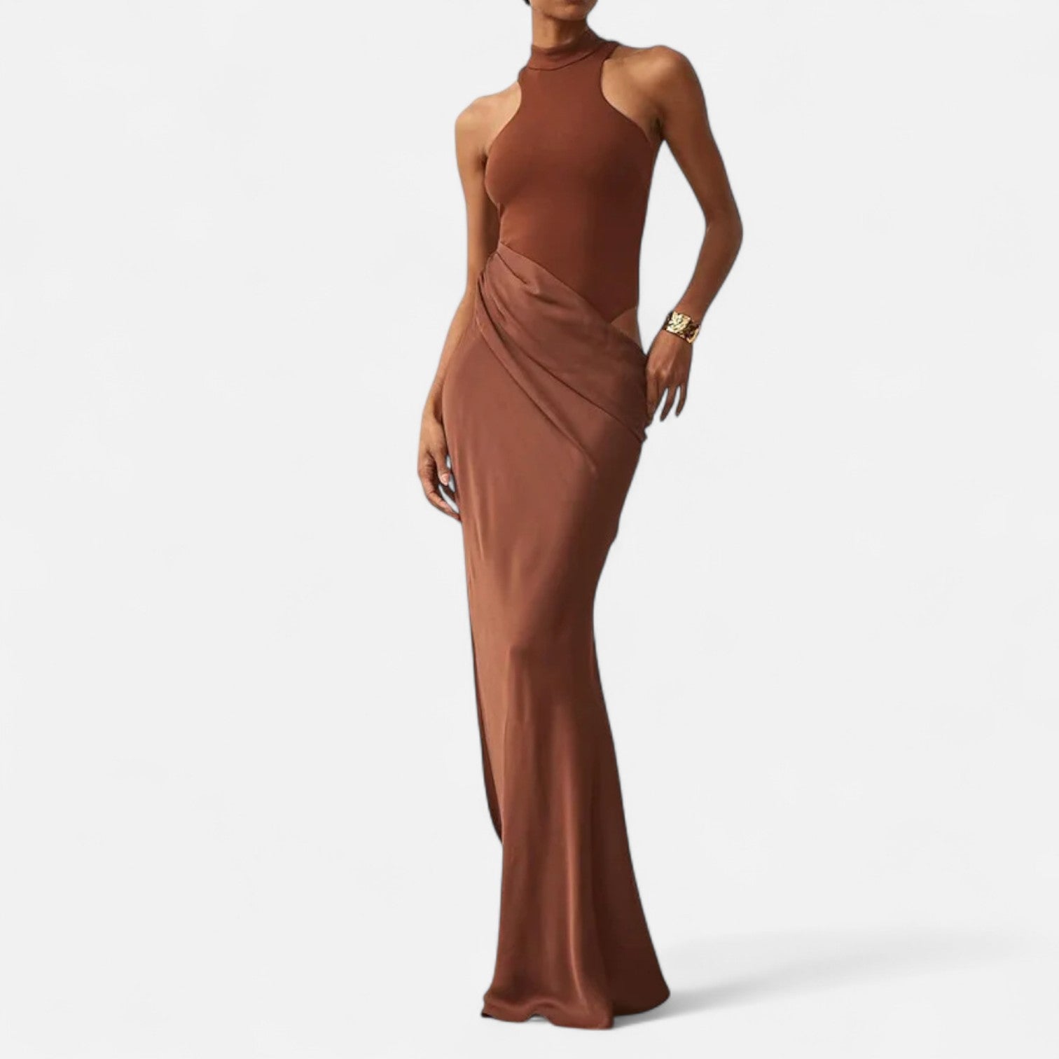 Volarno | Women’s Satin Hollow-Out Maxi Dress – Silken Flow, Sculpted Allure