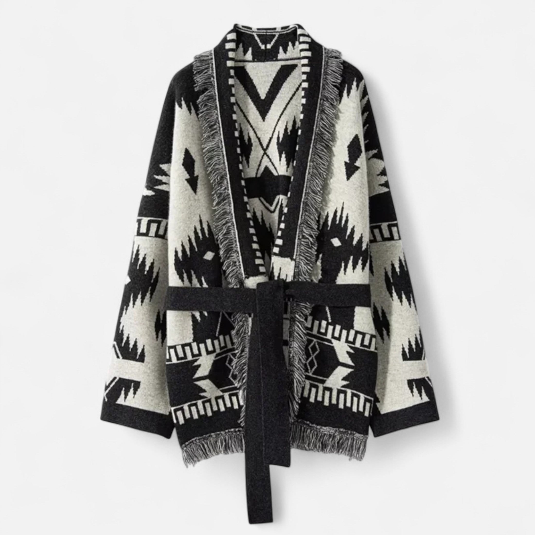 Volarno | Women’s 100% Cashmere Tassel Cardigan – Vintage Jacquard Elegance
