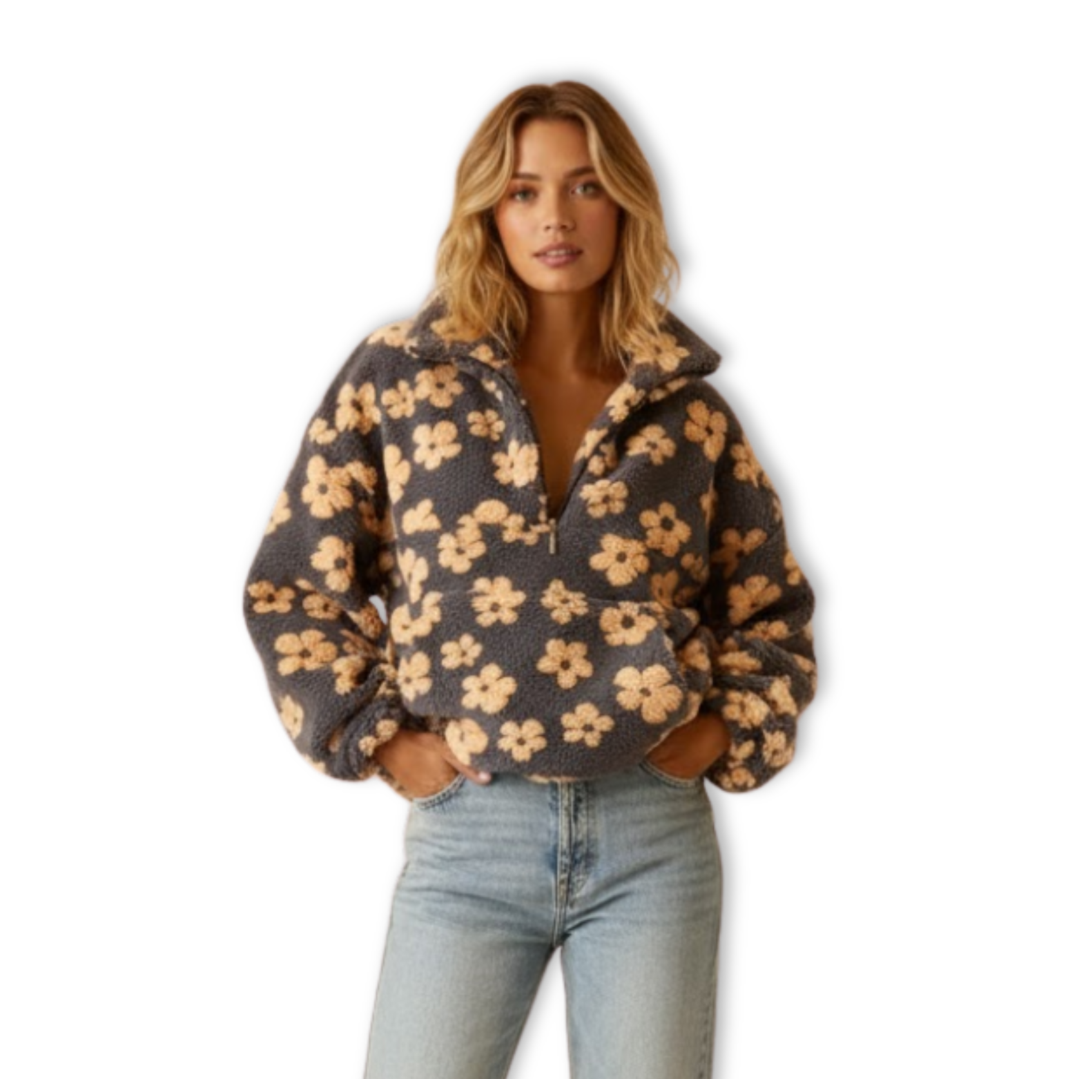 Volarno | Autumn Winter Women's Sherpa Floral Pullover Hoodies Half Zip Style Loose Fit Warm Stylish Sweatshirt