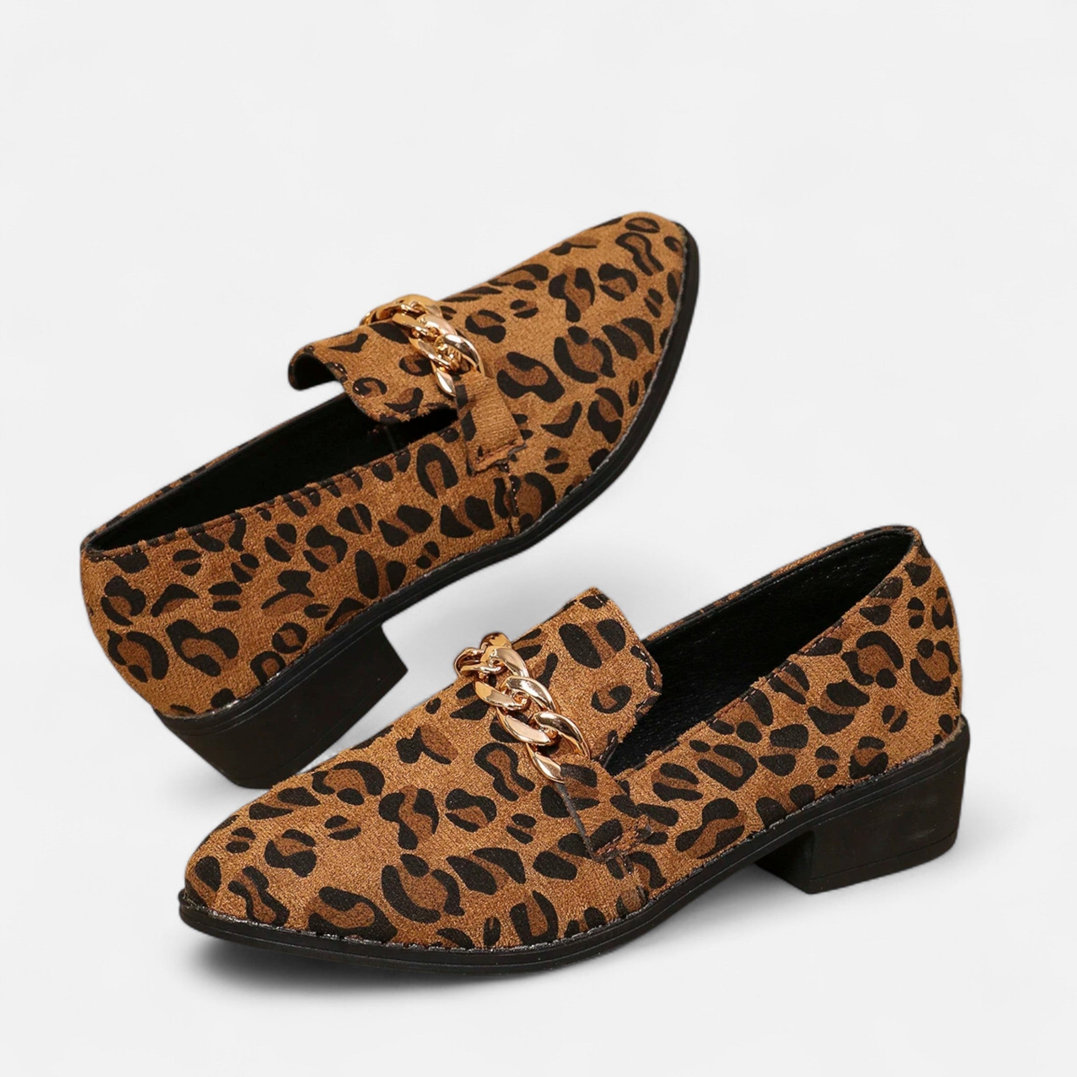 Volarno | Women’s Suede Loafers – Leopard Print Mid-Heel