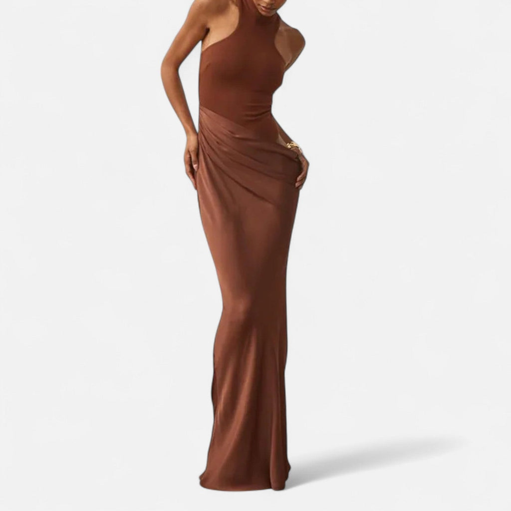 Volarno | Women’s Satin Hollow-Out Maxi Dress – Silken Flow, Sculpted Allure