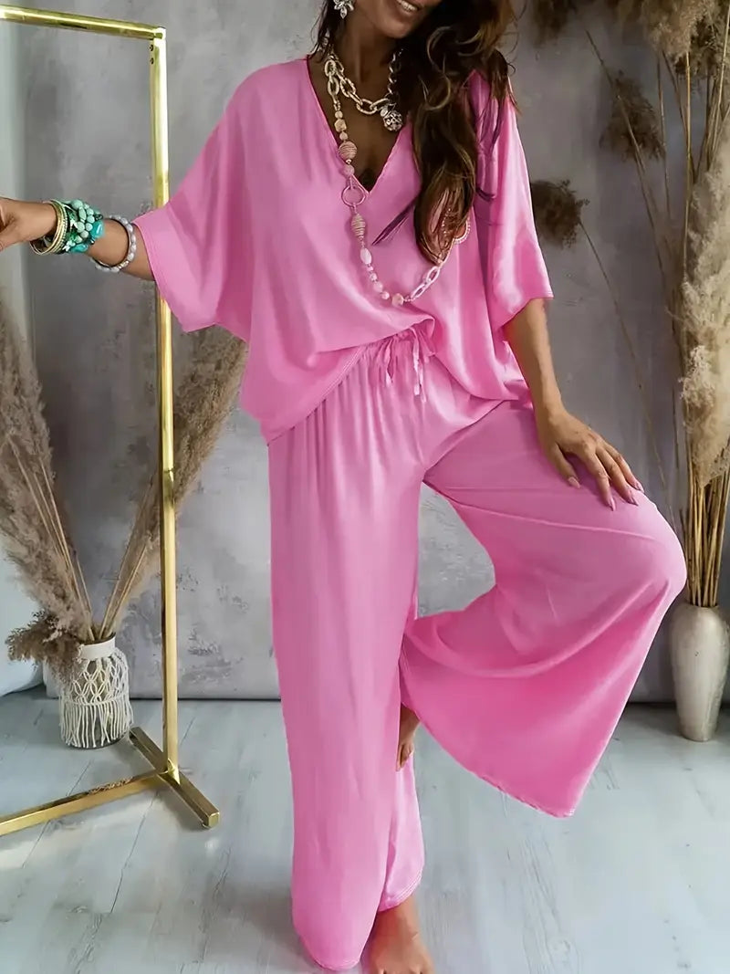 Volarno | Casual V Neck Top with Wide Leg Pants Set