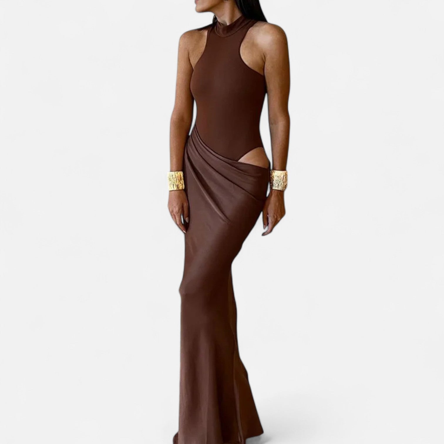 Volarno | Women’s Satin Hollow-Out Maxi Dress – Silken Flow, Sculpted Allure