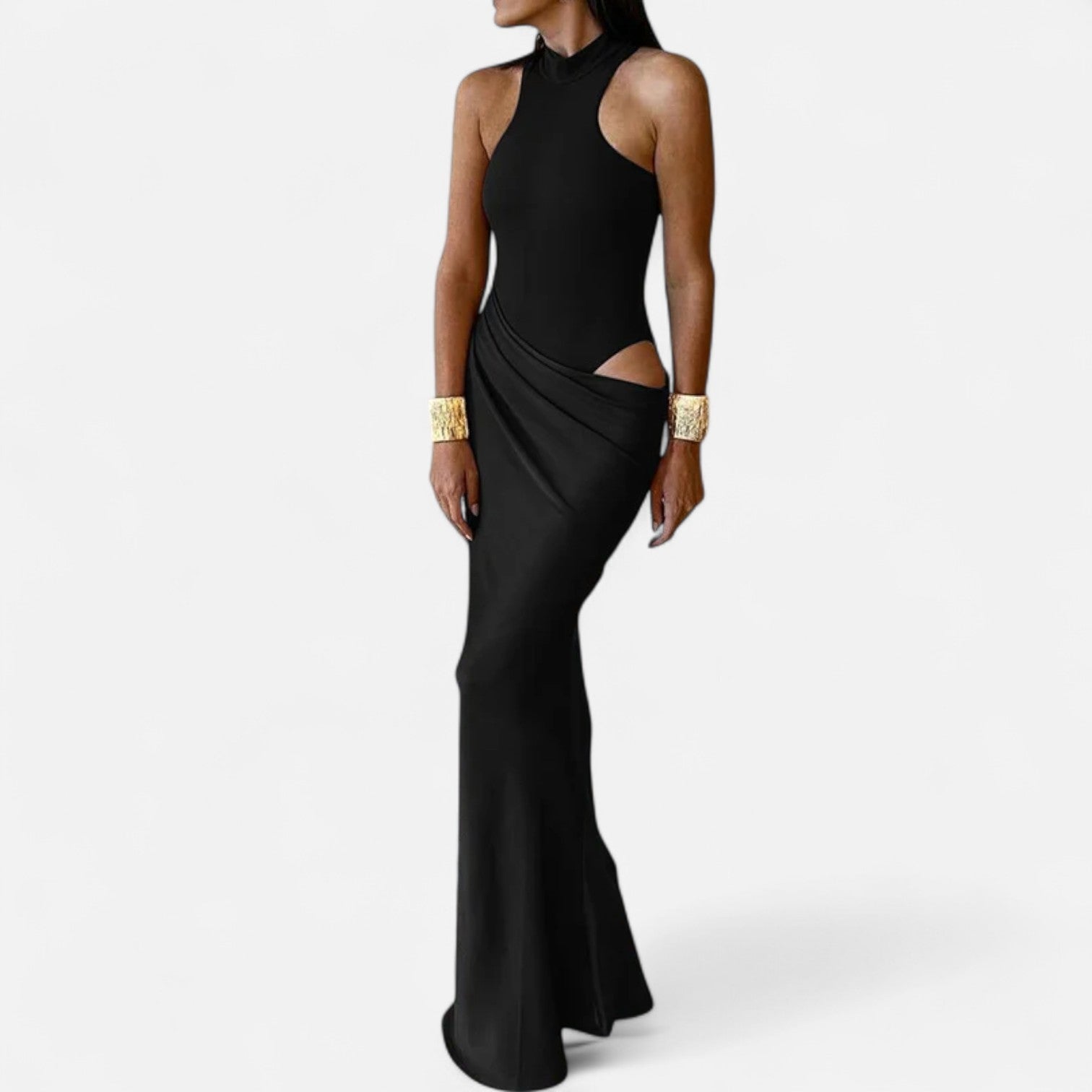 Volarno | Women’s Satin Hollow-Out Maxi Dress – Silken Flow, Sculpted Allure