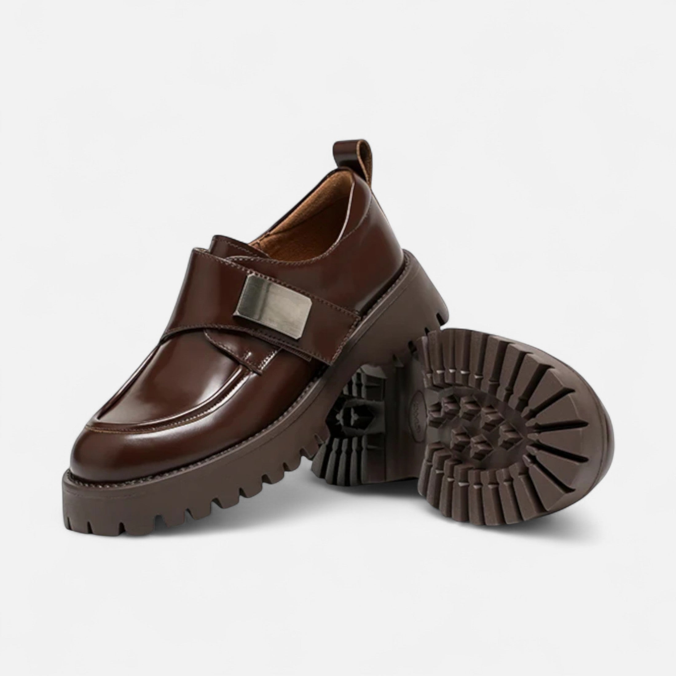 Volarno | Women’s Leather Derby Shoes – Round Toe Buckle Flats