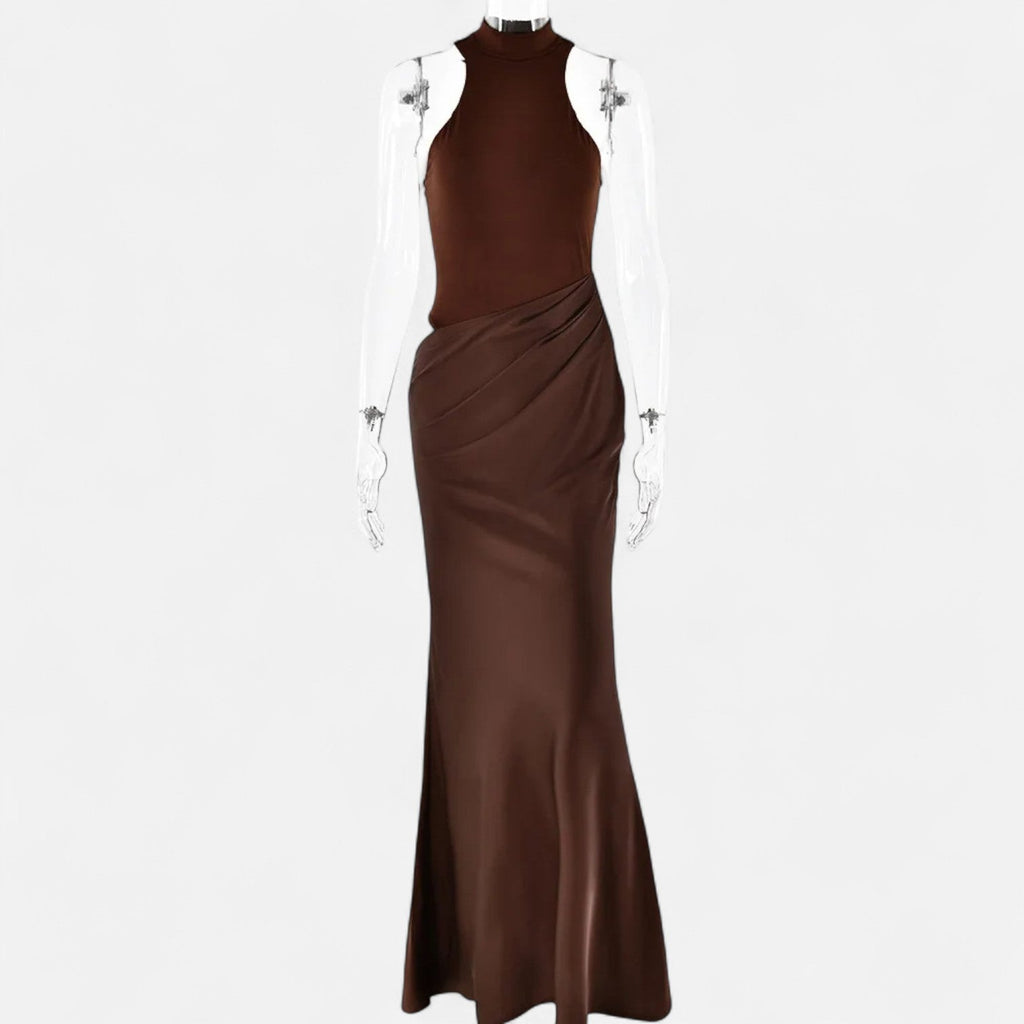 Volarno | Women’s Satin Hollow-Out Maxi Dress – Silken Flow, Sculpted Allure