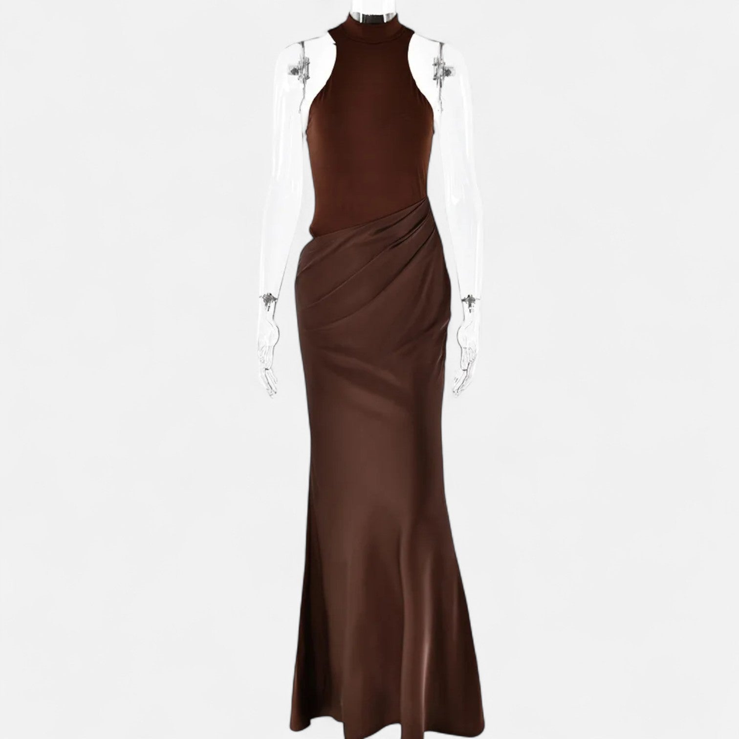 Volarno | Women’s Satin Hollow-Out Maxi Dress – Silken Flow, Sculpted Allure