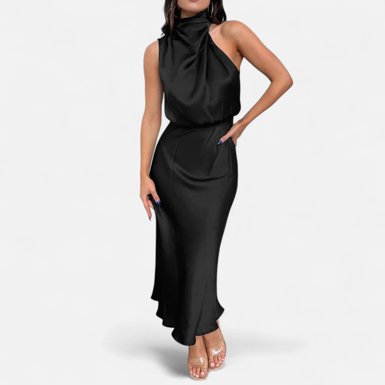 Volarno | Women’s Satin Sleeveless Long Dress – Fluid Drape, Timeless Elegance