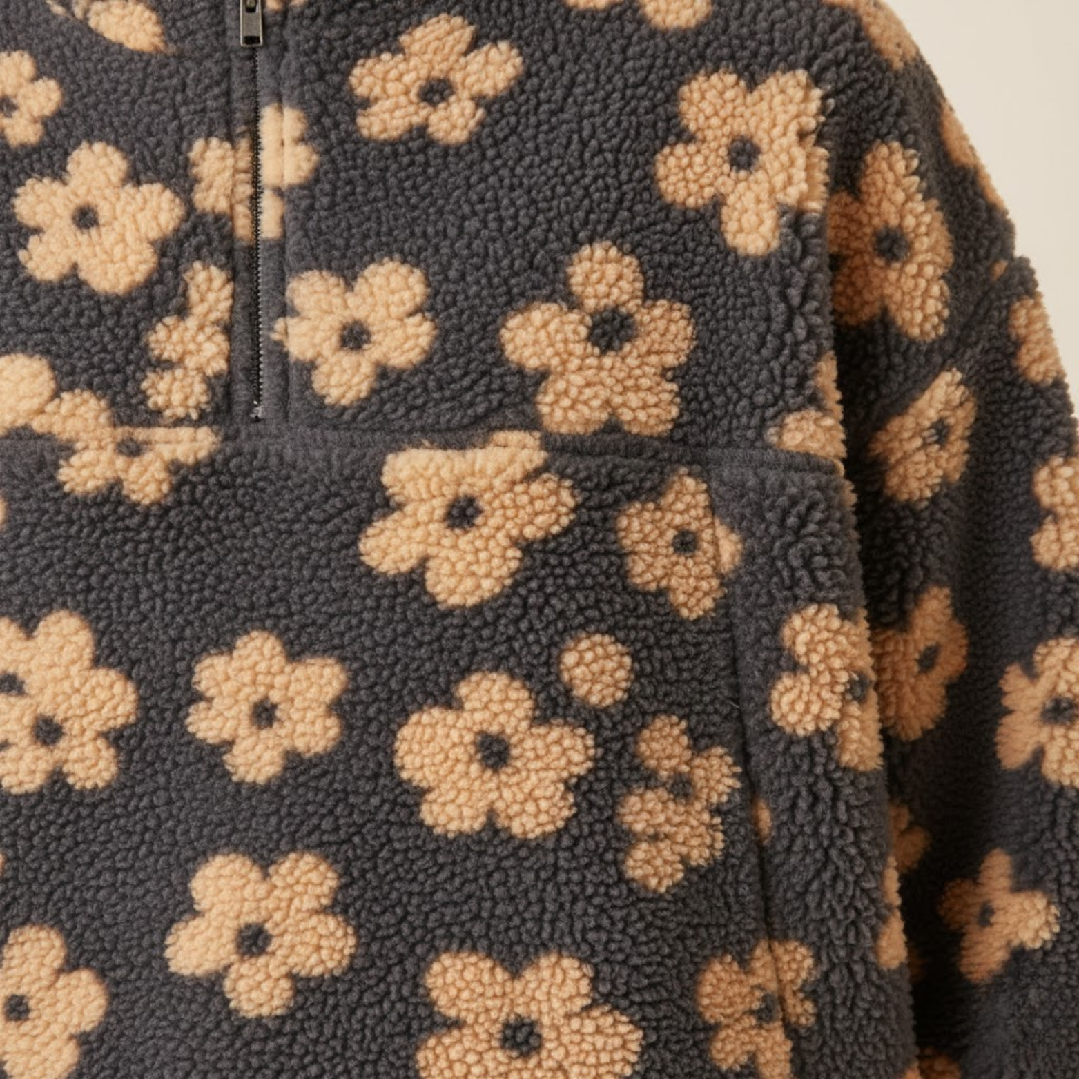 Volarno | Autumn Winter Women's Sherpa Floral Pullover Hoodies Half Zip Style Loose Fit Warm Stylish Sweatshirt