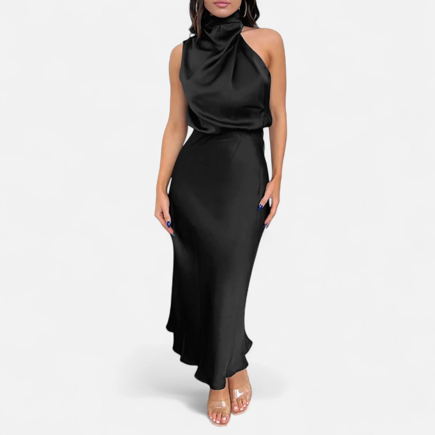 Volarno | Women’s Satin Sleeveless Long Dress – Fluid Drape, Timeless Elegance