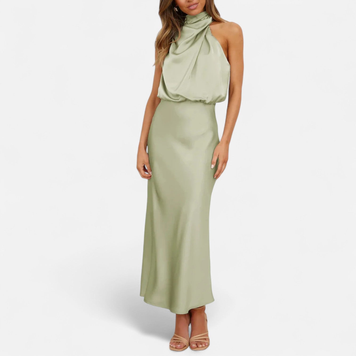 Volarno | Women’s Satin Sleeveless Long Dress – Fluid Drape, Timeless Elegance