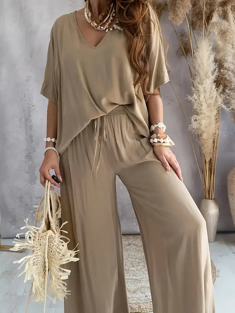 Volarno | Casual V Neck Top with Wide Leg Pants Set