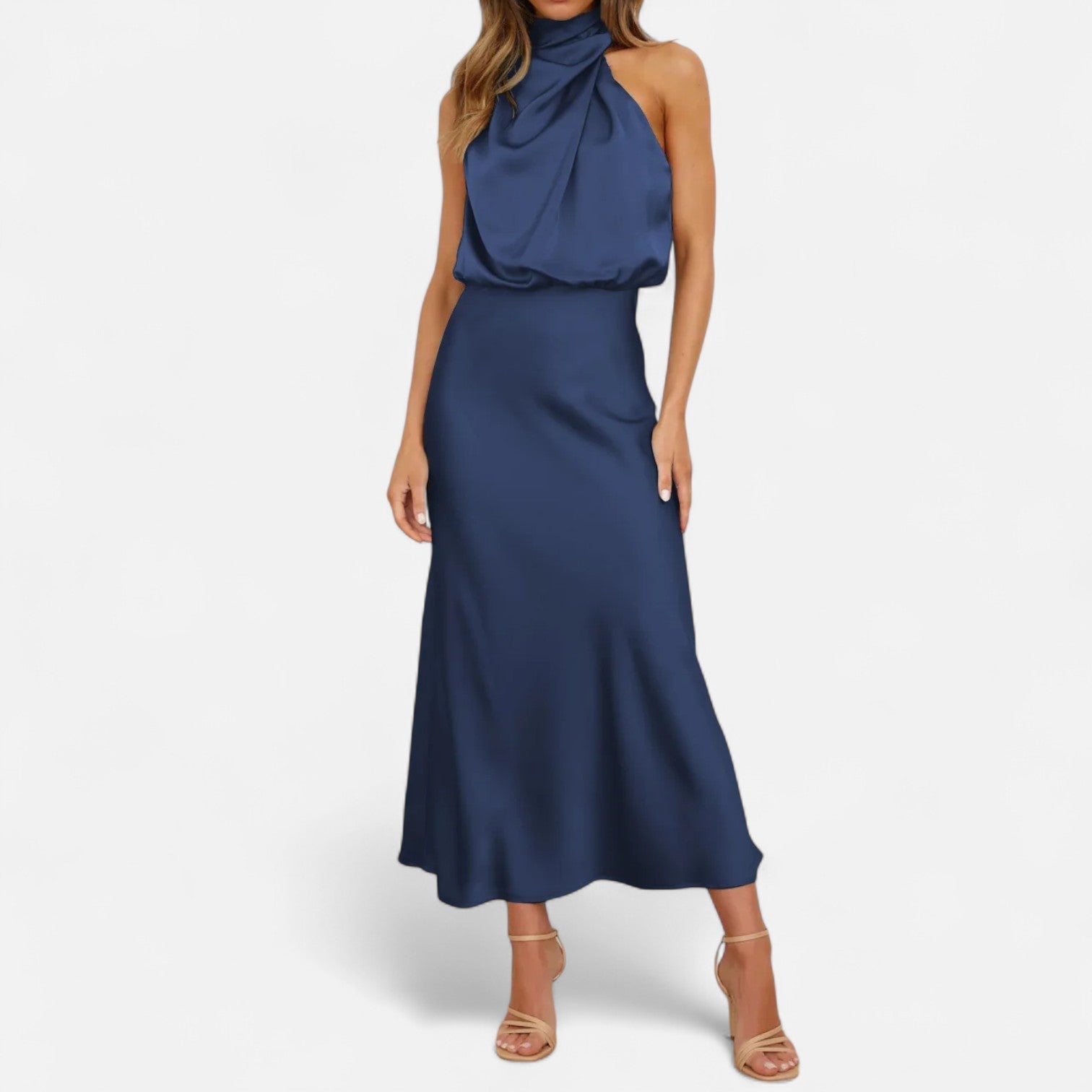Volarno | Women’s Satin Sleeveless Long Dress – Fluid Drape, Timeless Elegance