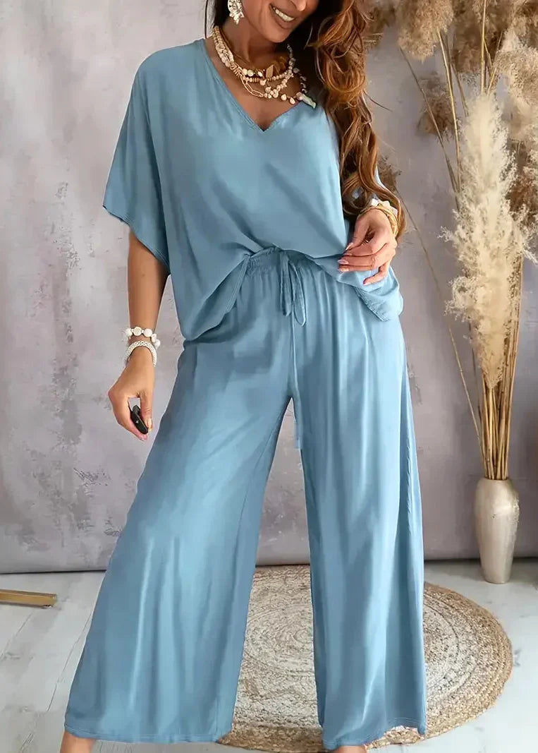 Volarno | Casual V Neck Top with Wide Leg Pants Set