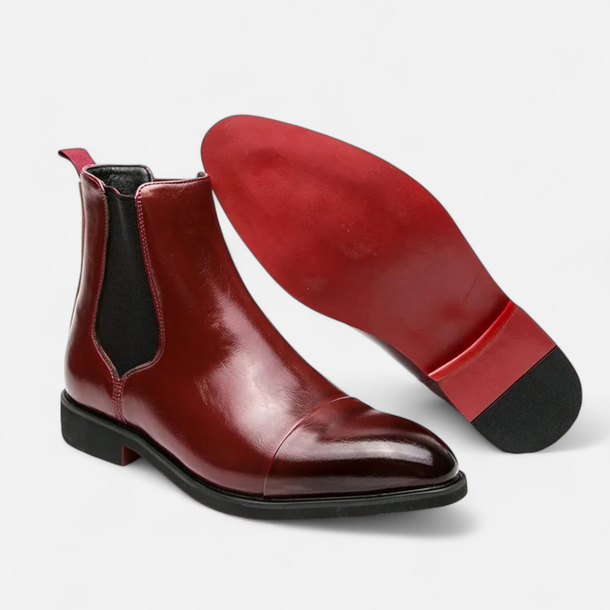 Volarno | Men’s Chelsea Boots in Polished Noir with Red Sole