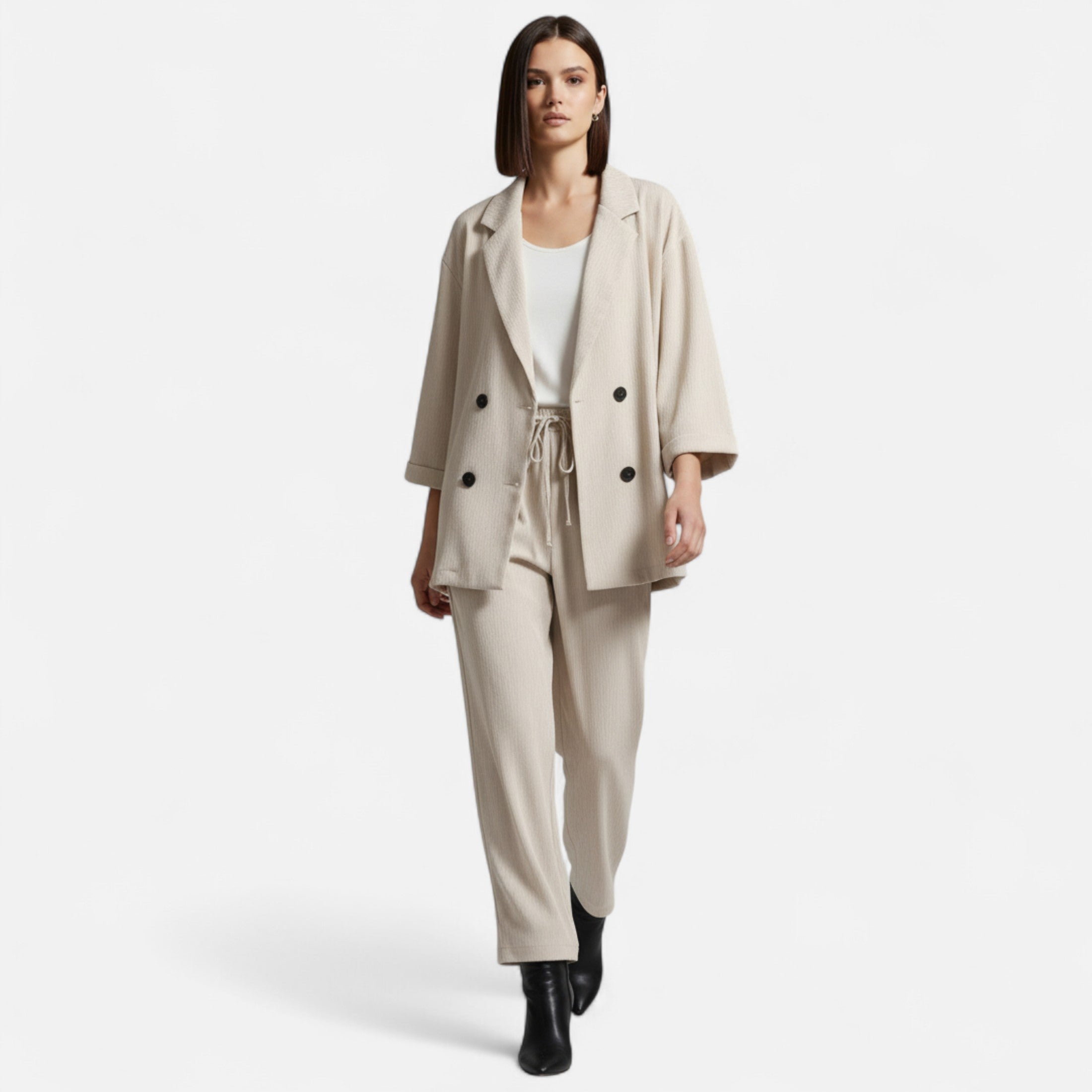 Volarno | Women’s Wrinkled Suit Jacket & Pants Set – Sculpted Autumn Elegance