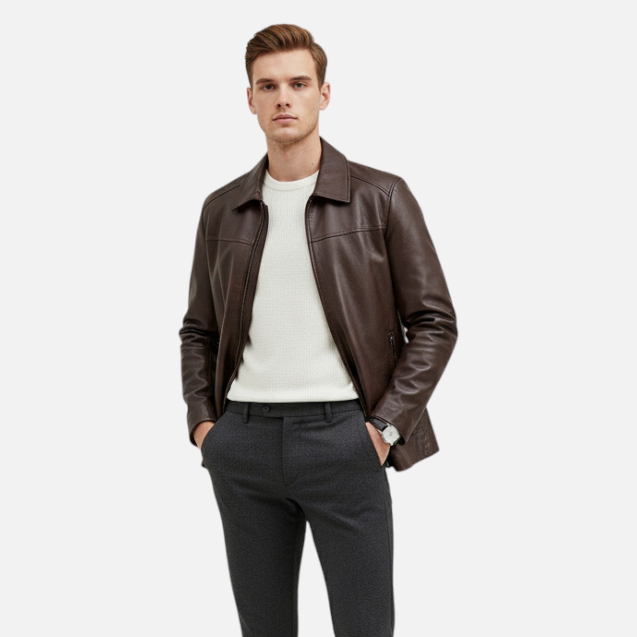 Volarno | Men’s PU Leather Jacket – Stand Collar Autumn Elegance