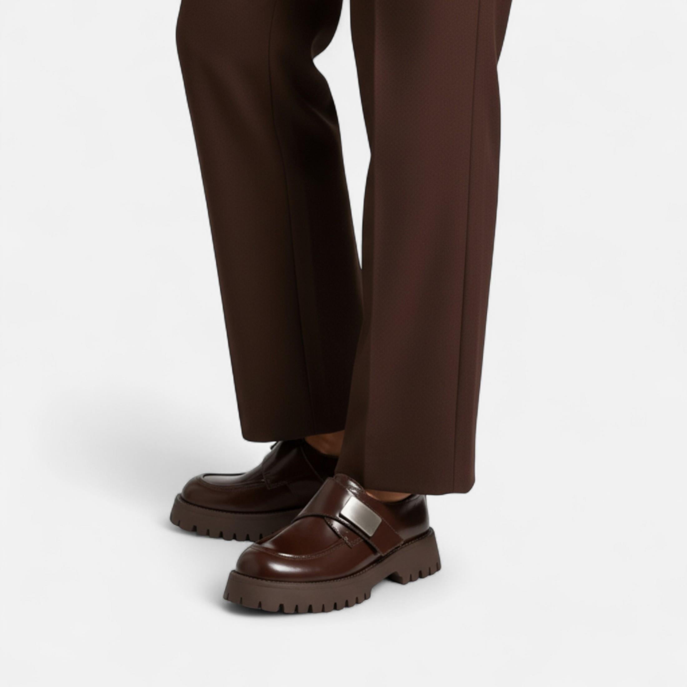 Volarno | Women’s Leather Derby Shoes – Round Toe Buckle Flats