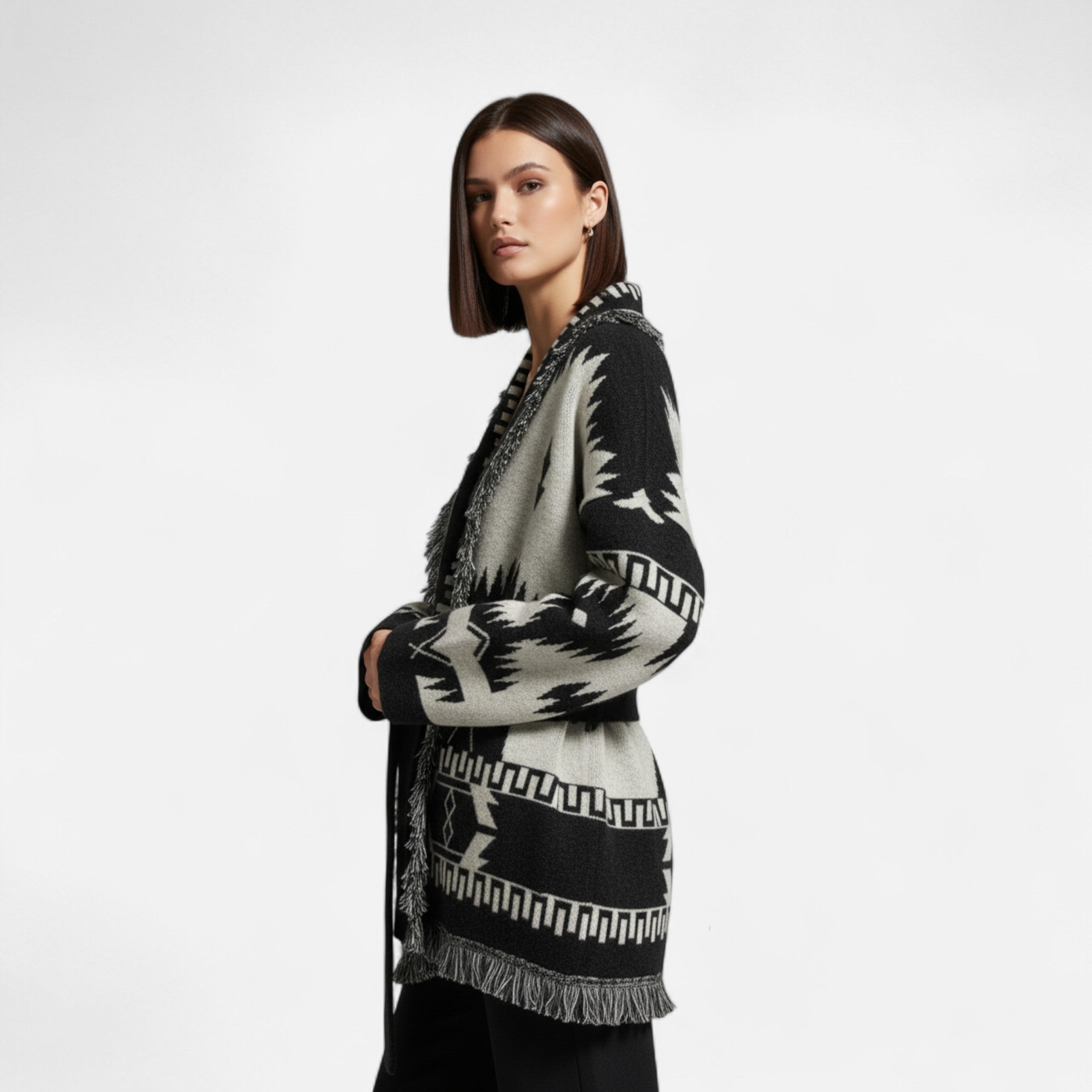 Volarno | Women’s 100% Cashmere Tassel Cardigan – Vintage Jacquard Elegance