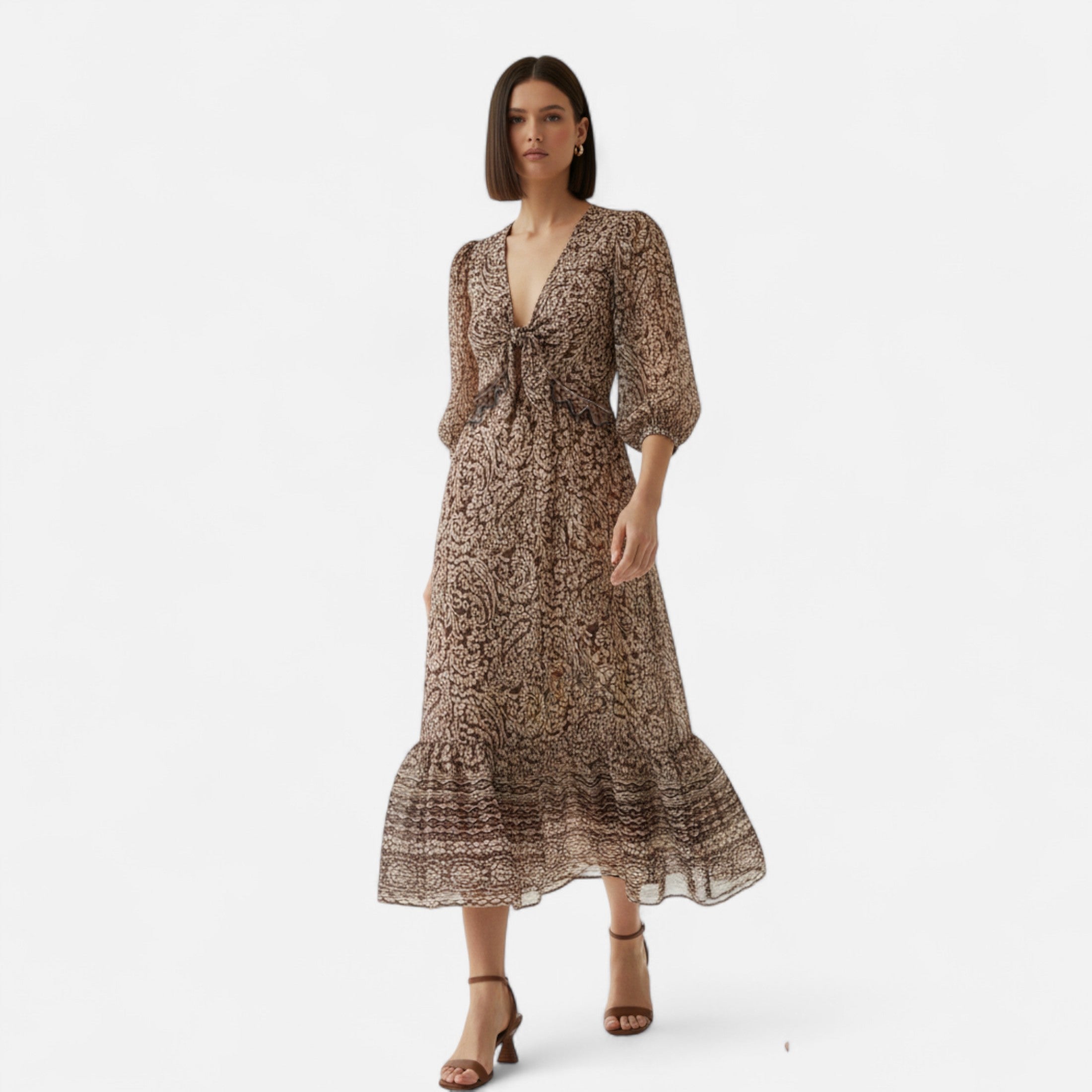 Volarno | Women’s Printed Midi Dress – V-Neck Autumn Elegance