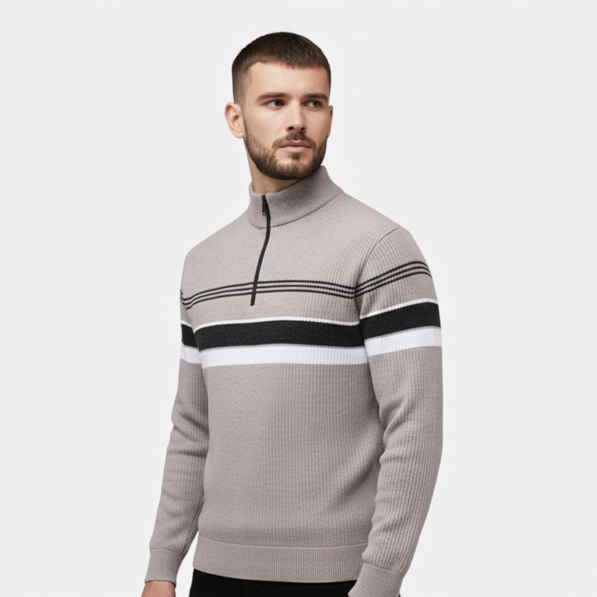 Volarno | Men’s Thick Half-Zip Striped Knit Sweater