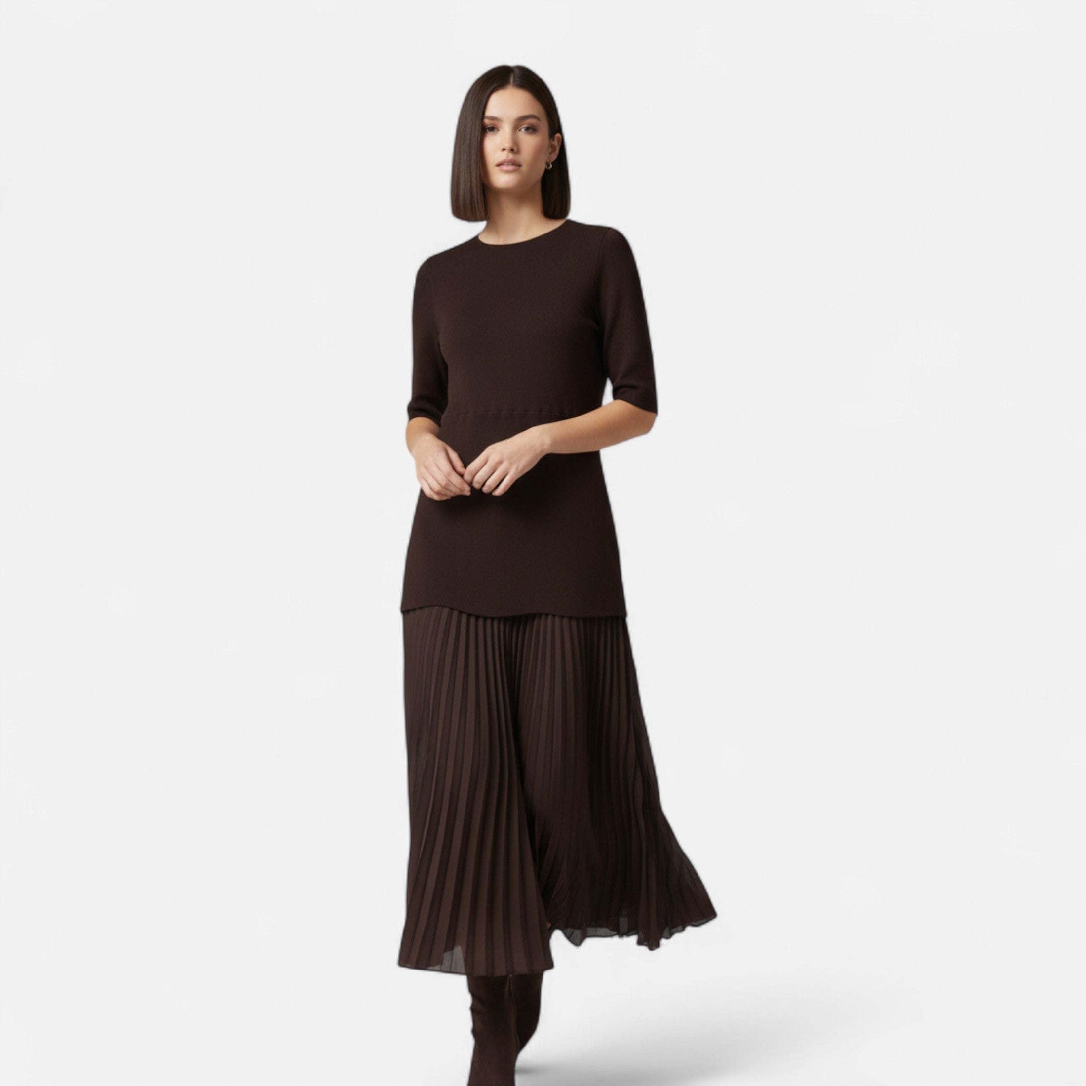 Volarno | Women’s Vintage Pleated Dress – Half Sleeve Autumn Elegance