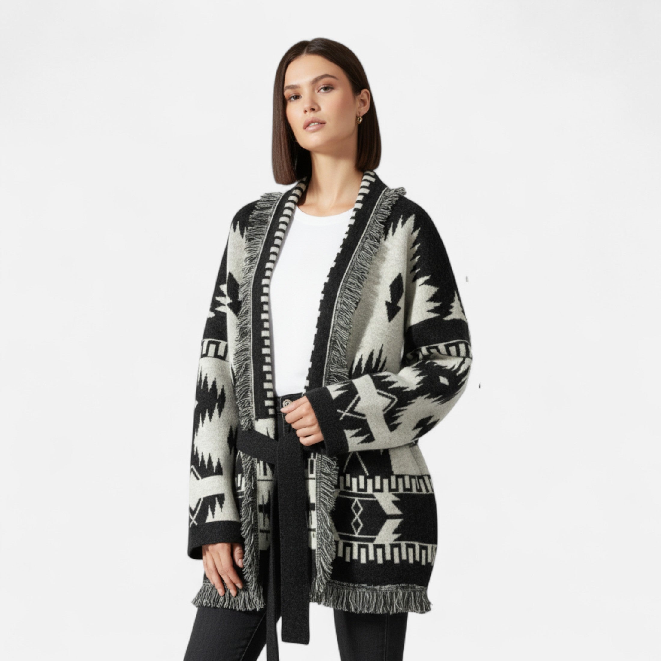 Volarno | Women’s 100% Cashmere Tassel Cardigan – Vintage Jacquard Elegance