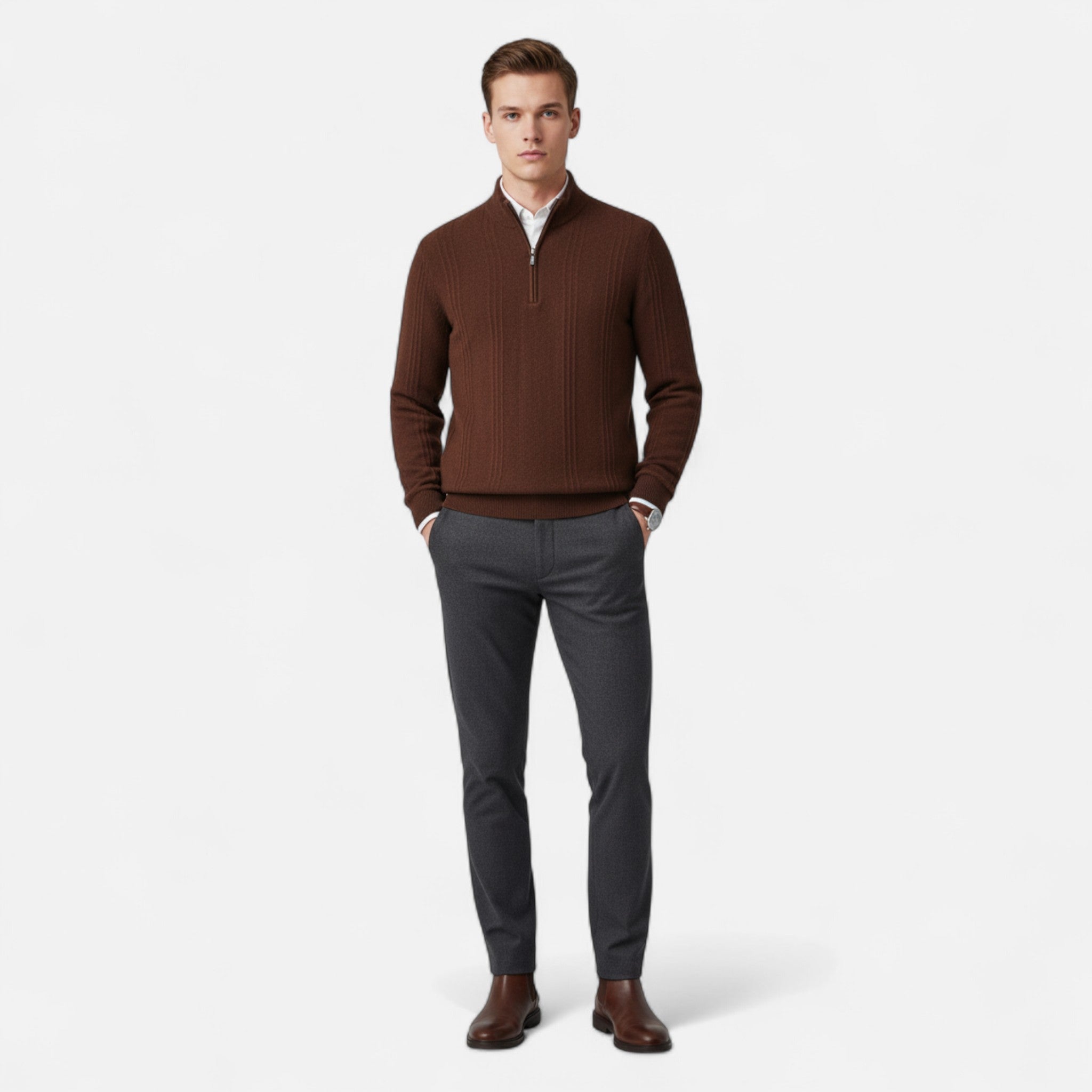 Volarno | Men’s Sweater – Cashmere Ribbed Half-Zip Elegance
