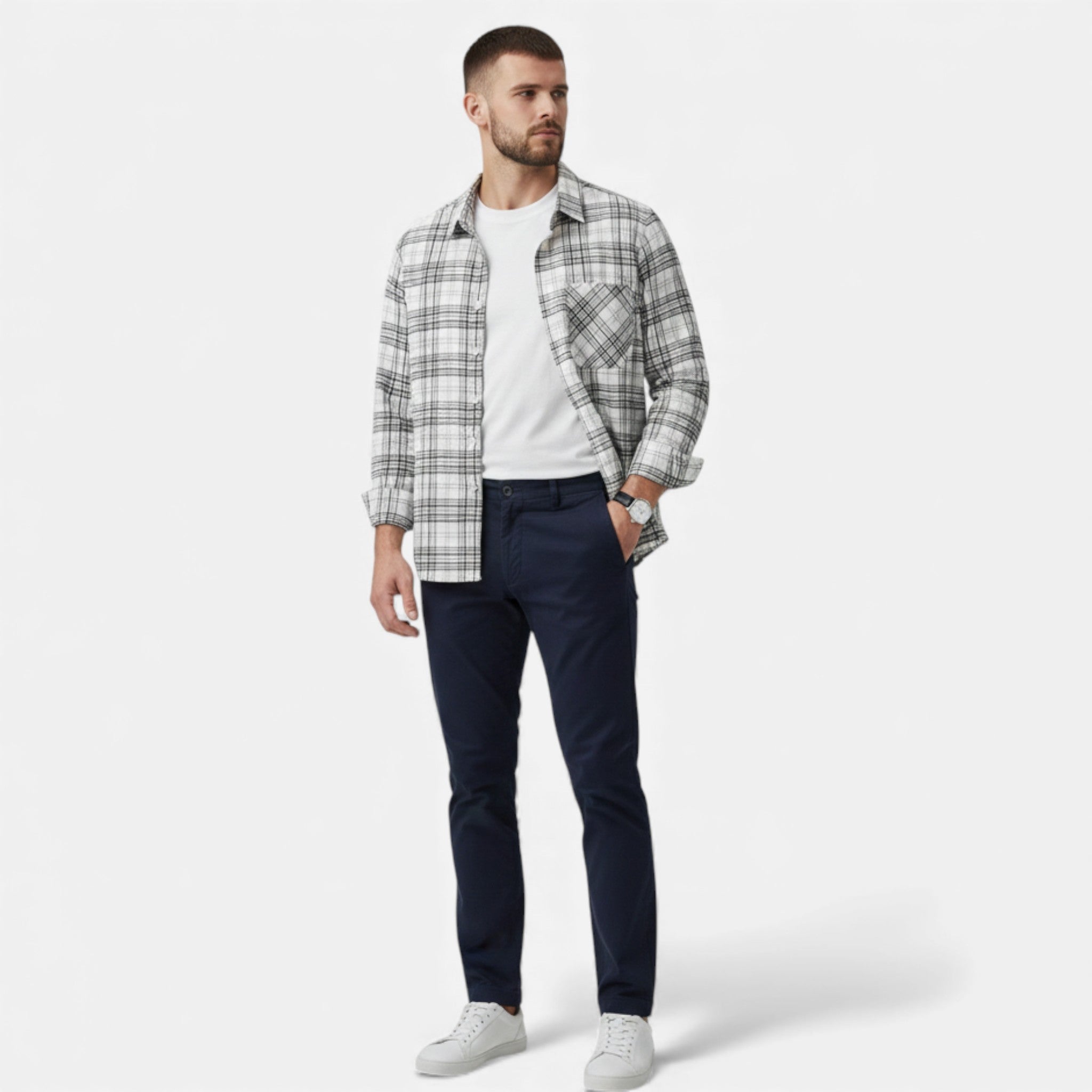 Volarno | Men’s Plaid Long-Sleeve Loose Shirt with Pocket