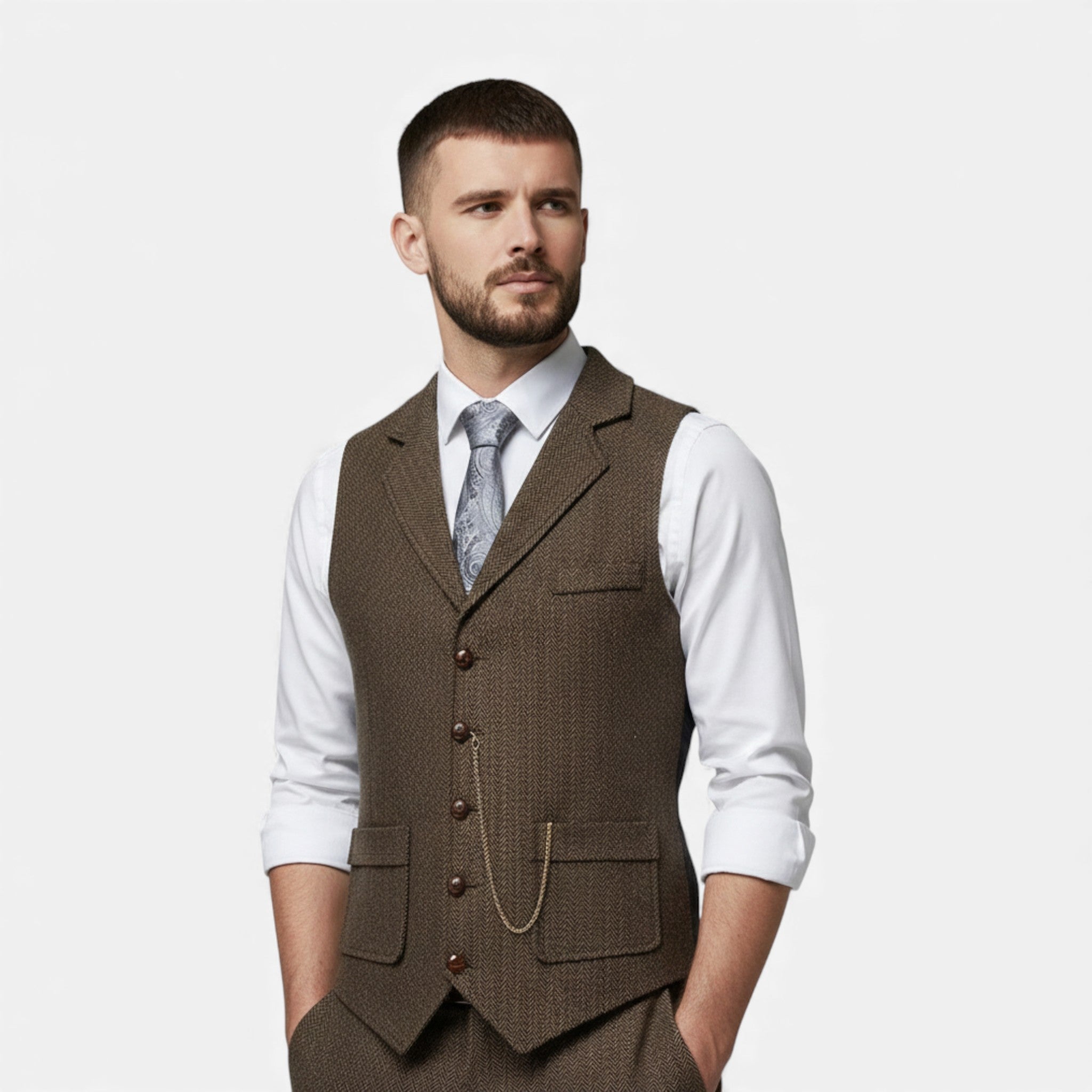 Volarno | Men’s Vintage Tweed Suit Vest with Lapel Chain