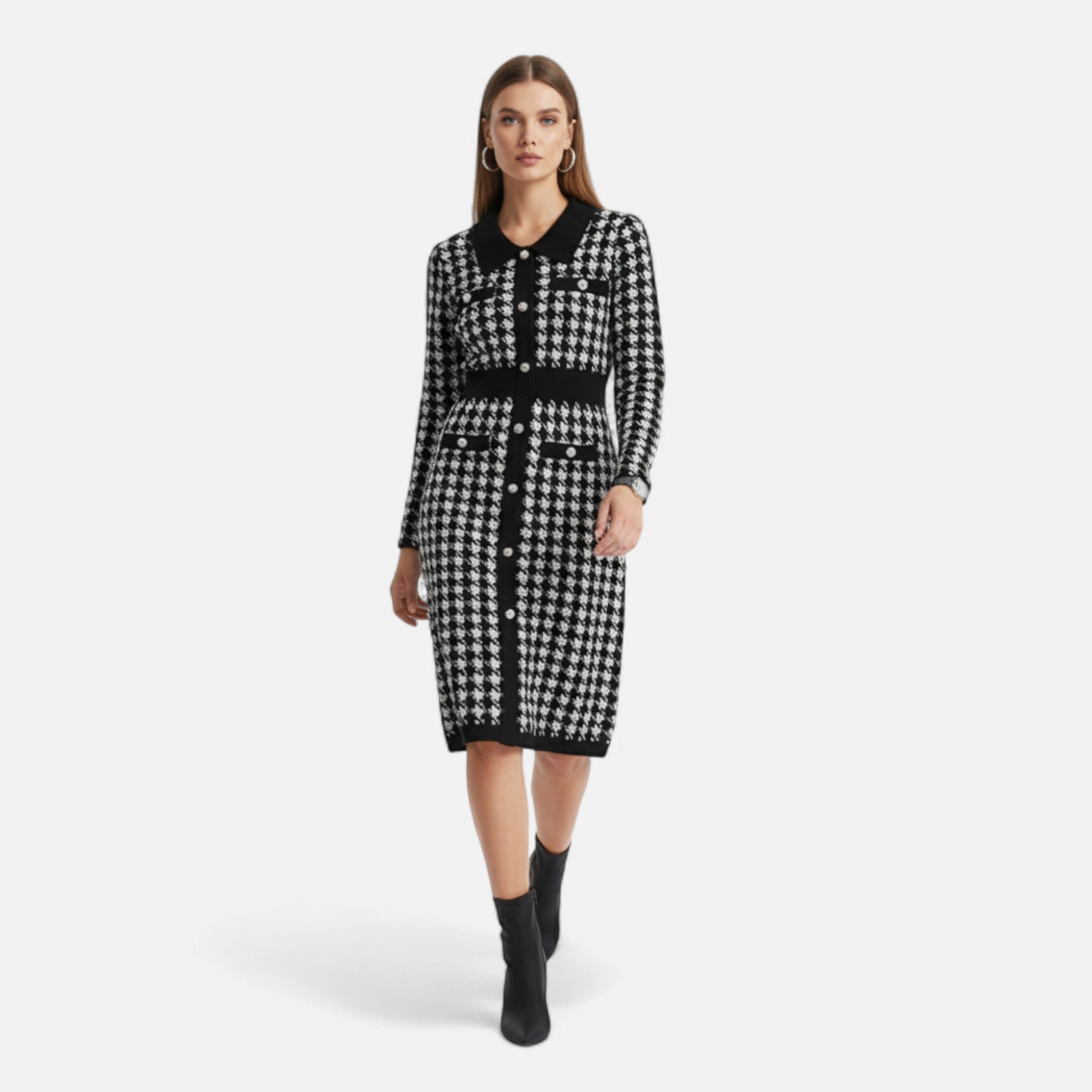 Volarno | Women’s Pencil Sheath Dress in Black & White Houndstooth