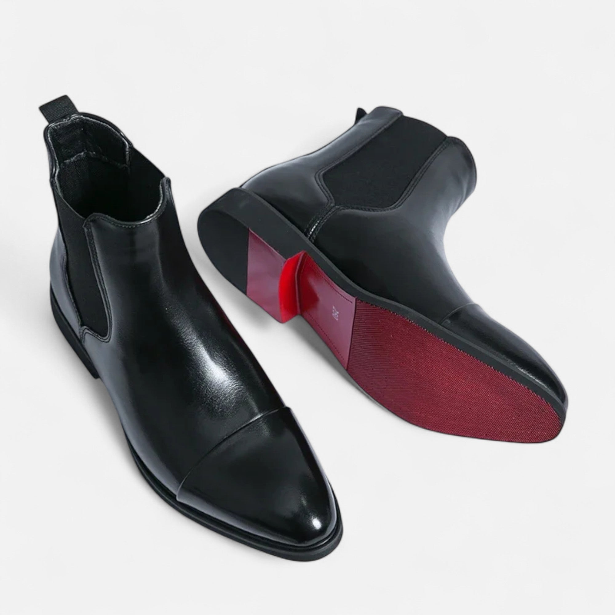 Volarno | Men’s Chelsea Boots in Polished Noir with Red Sole