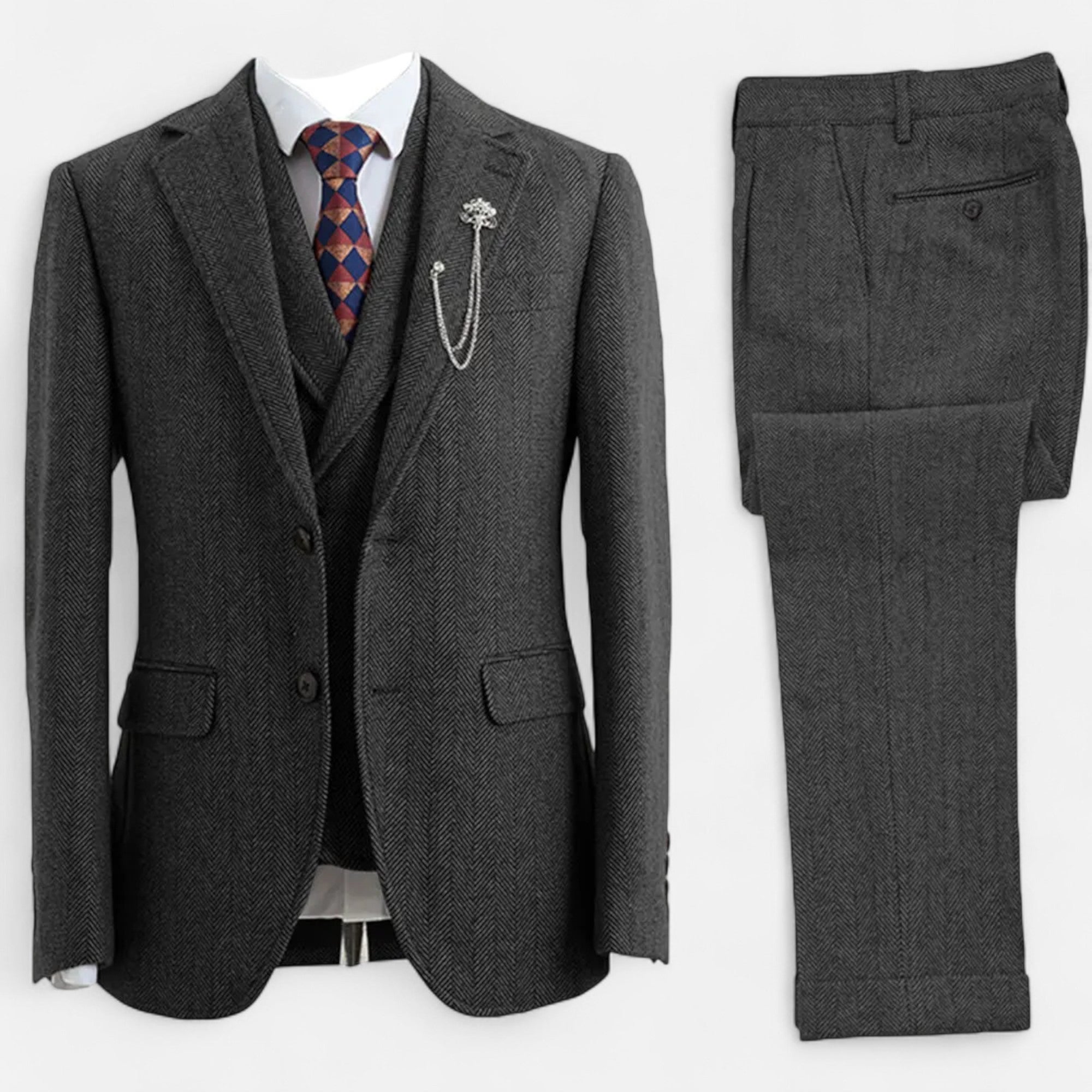 Volarno | Men’s 3-Piece Tweed Herringbone Double-Breasted Suit