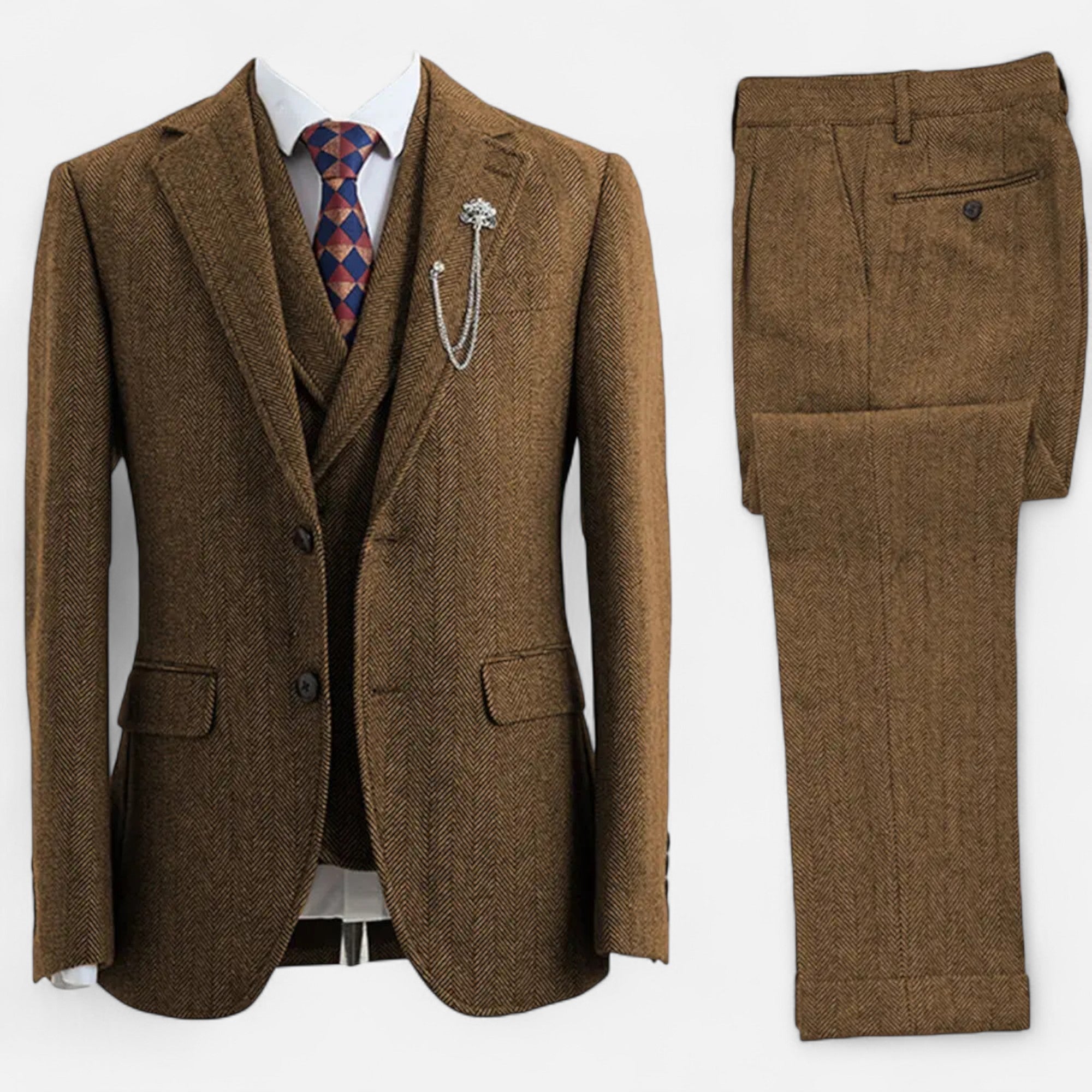 Volarno | Men’s 3-Piece Tweed Herringbone Double-Breasted Suit