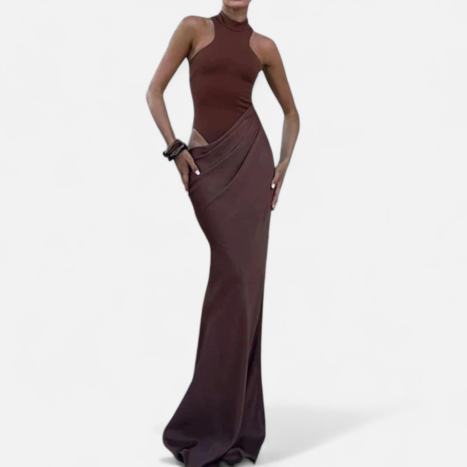 Volarno | Women’s Satin Hollow-Out Maxi Dress – Silken Flow, Sculpted Allure