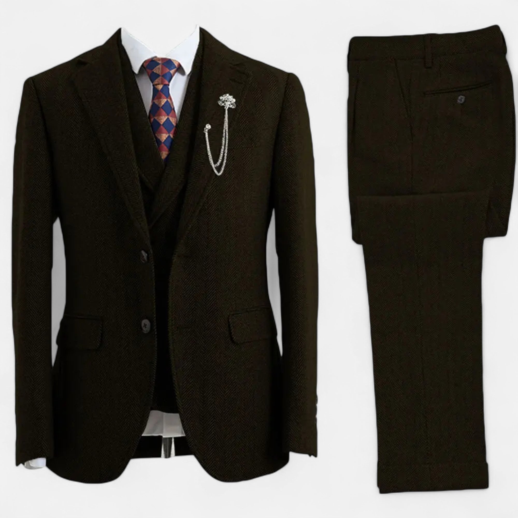 Volarno | Men’s 3-Piece Tweed Herringbone Double-Breasted Suit