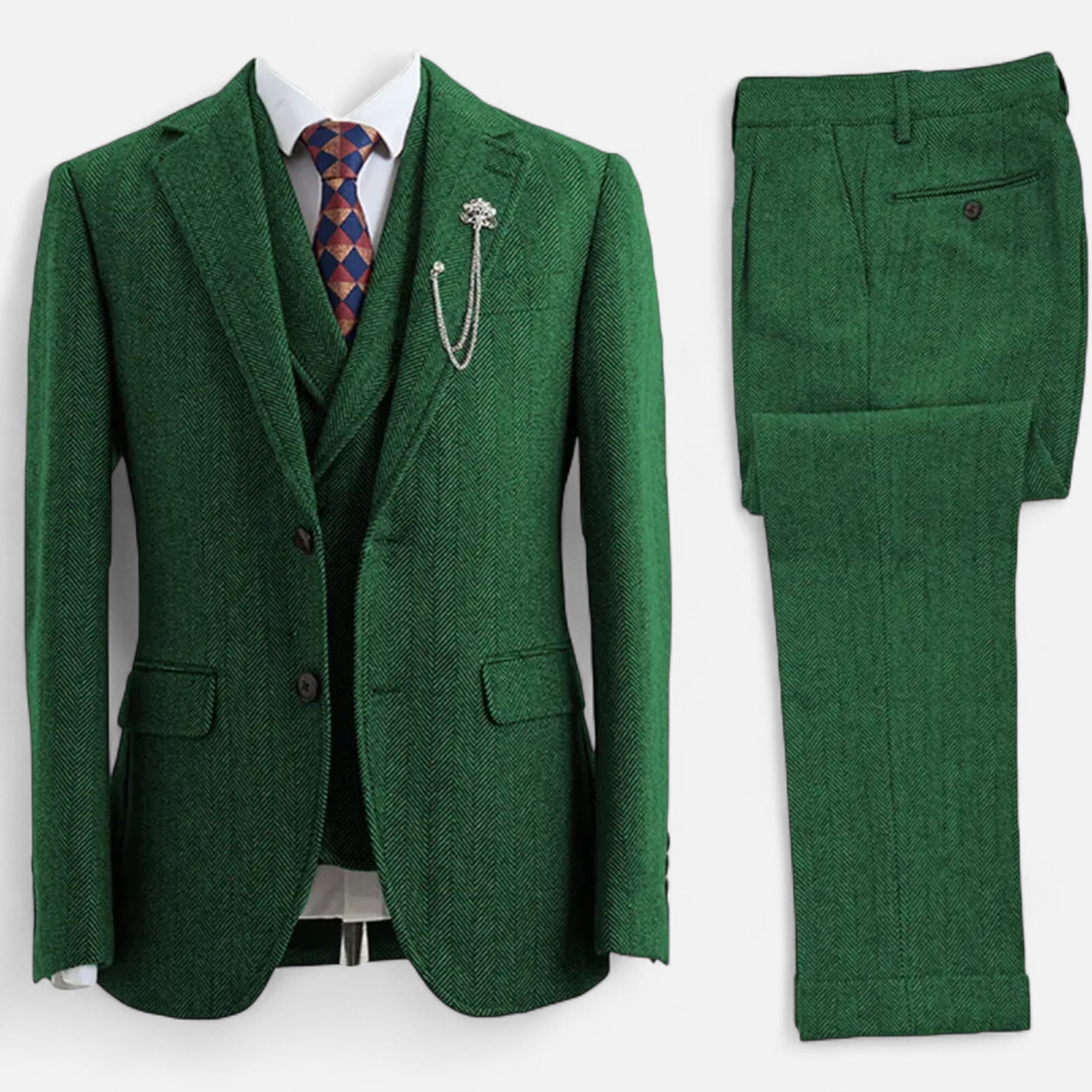 Volarno | Men’s 3-Piece Tweed Herringbone Double-Breasted Suit
