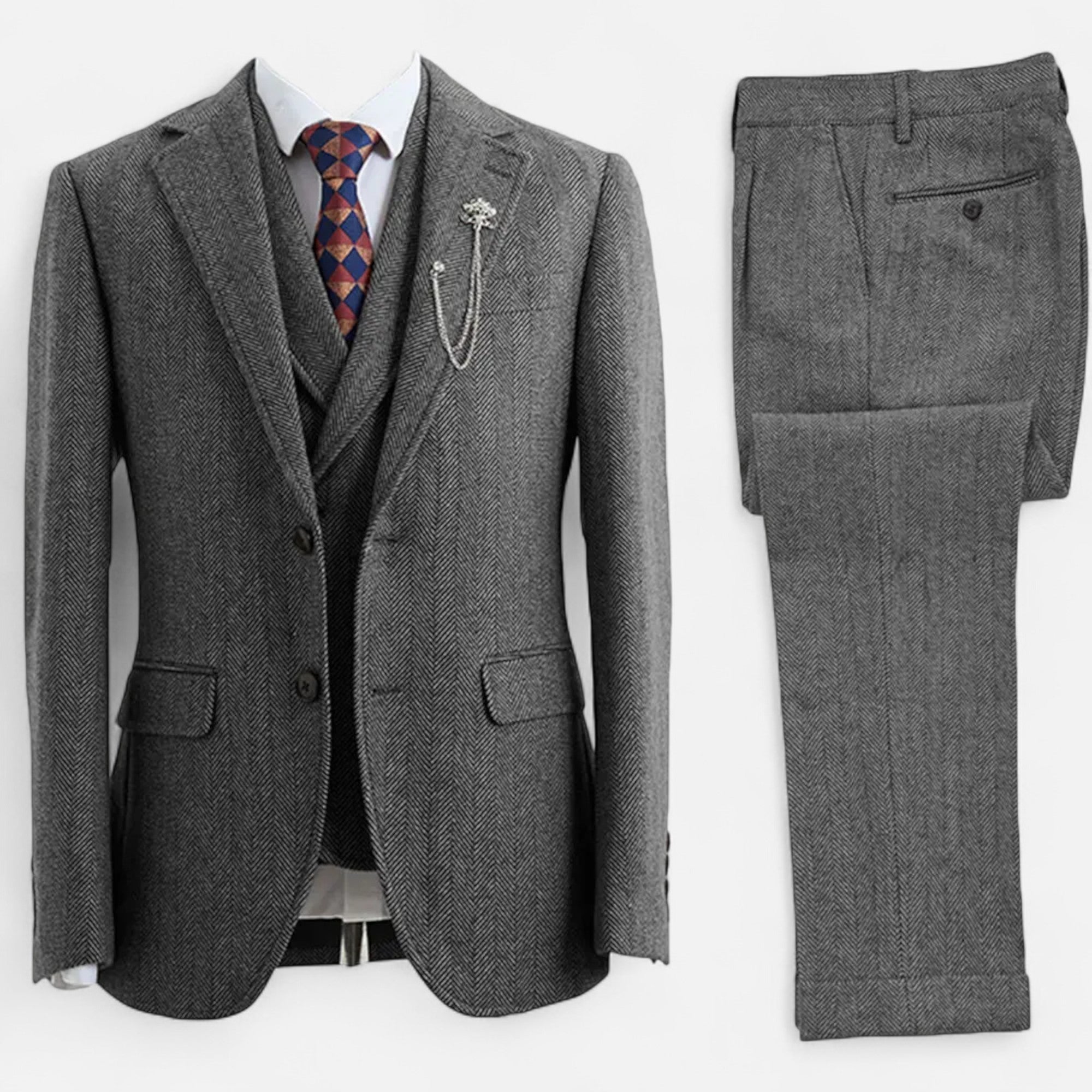 Volarno | Men’s 3-Piece Tweed Herringbone Double-Breasted Suit