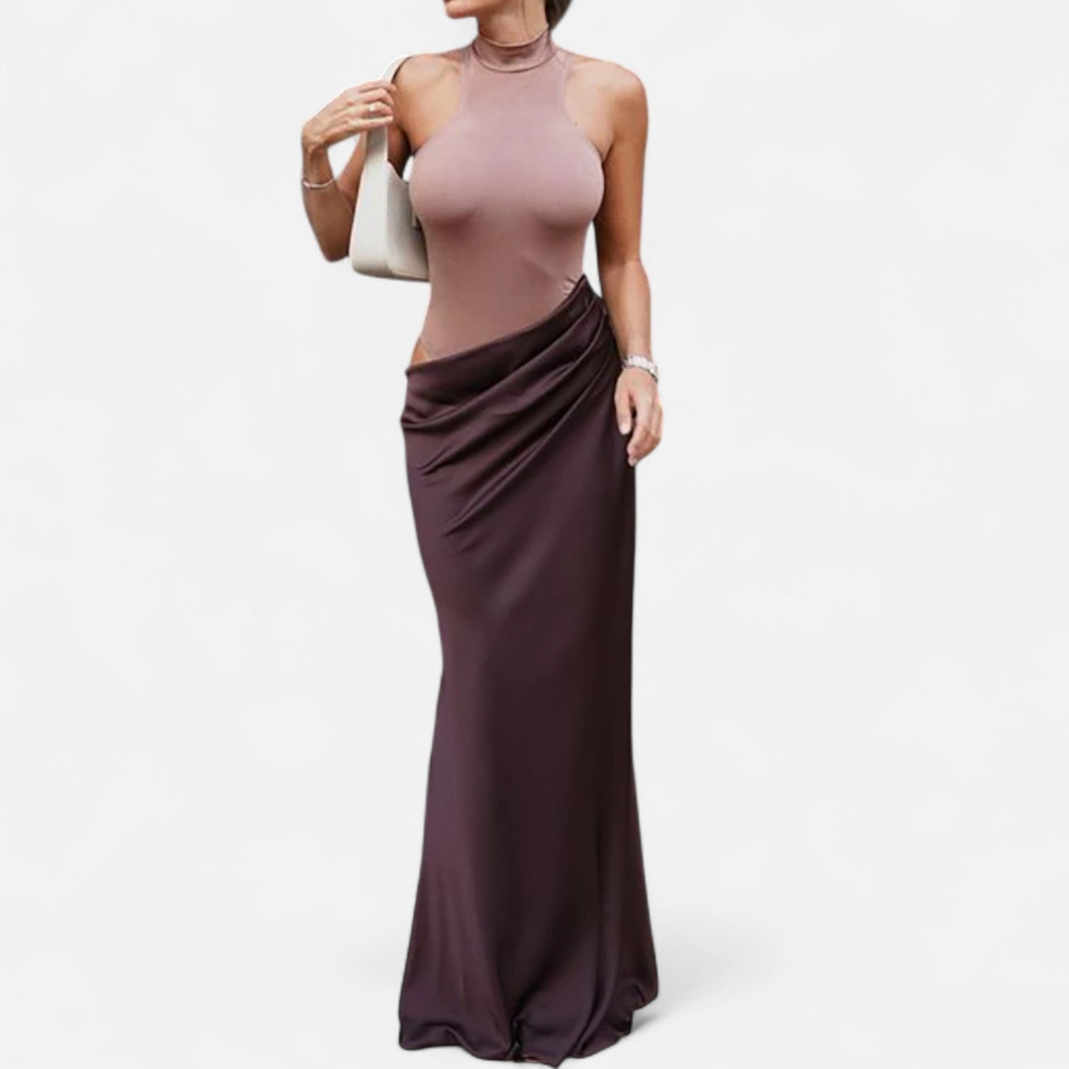 Volarno | Women’s Satin Hollow-Out Maxi Dress – Silken Flow, Sculpted Allure