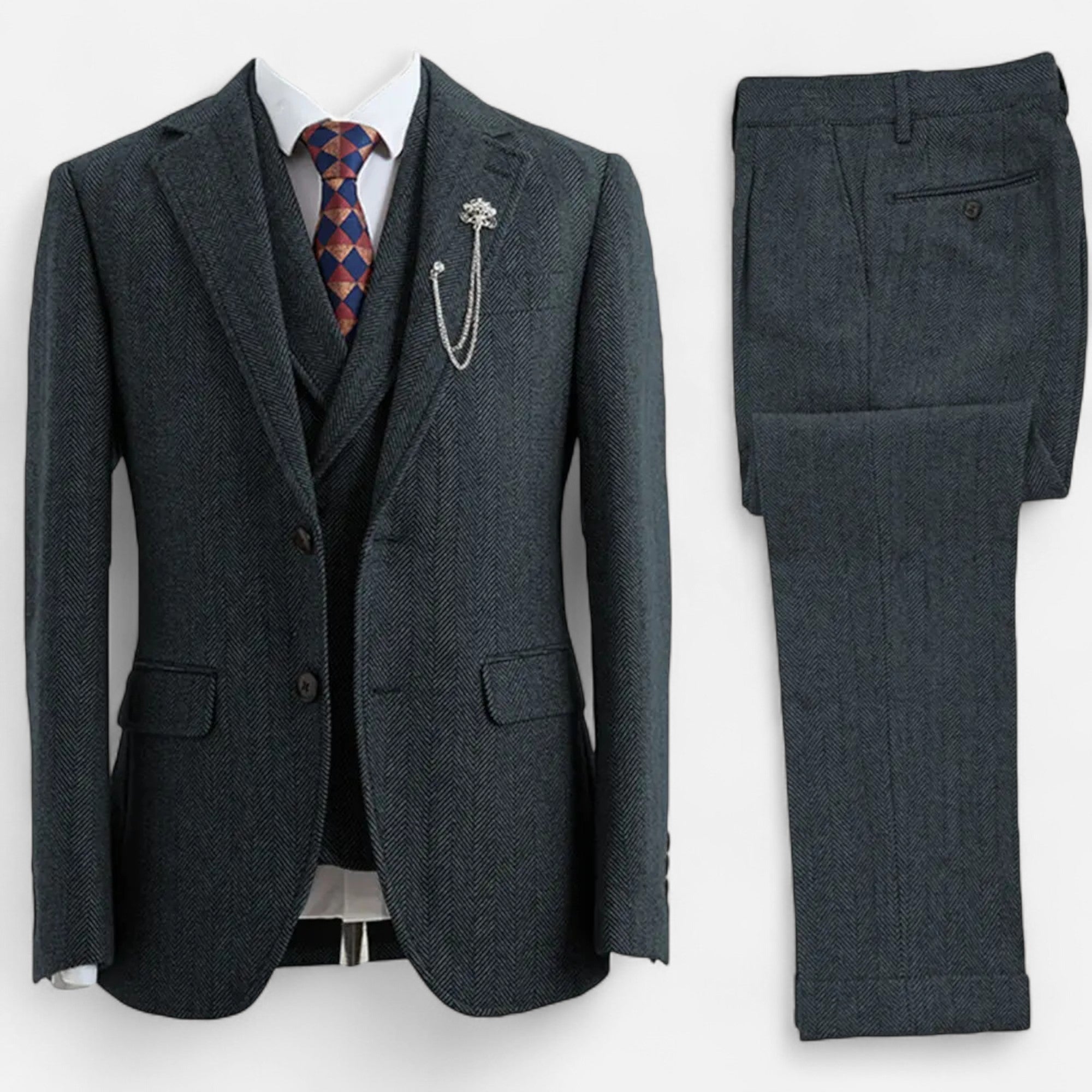 Volarno | Men’s 3-Piece Tweed Herringbone Double-Breasted Suit