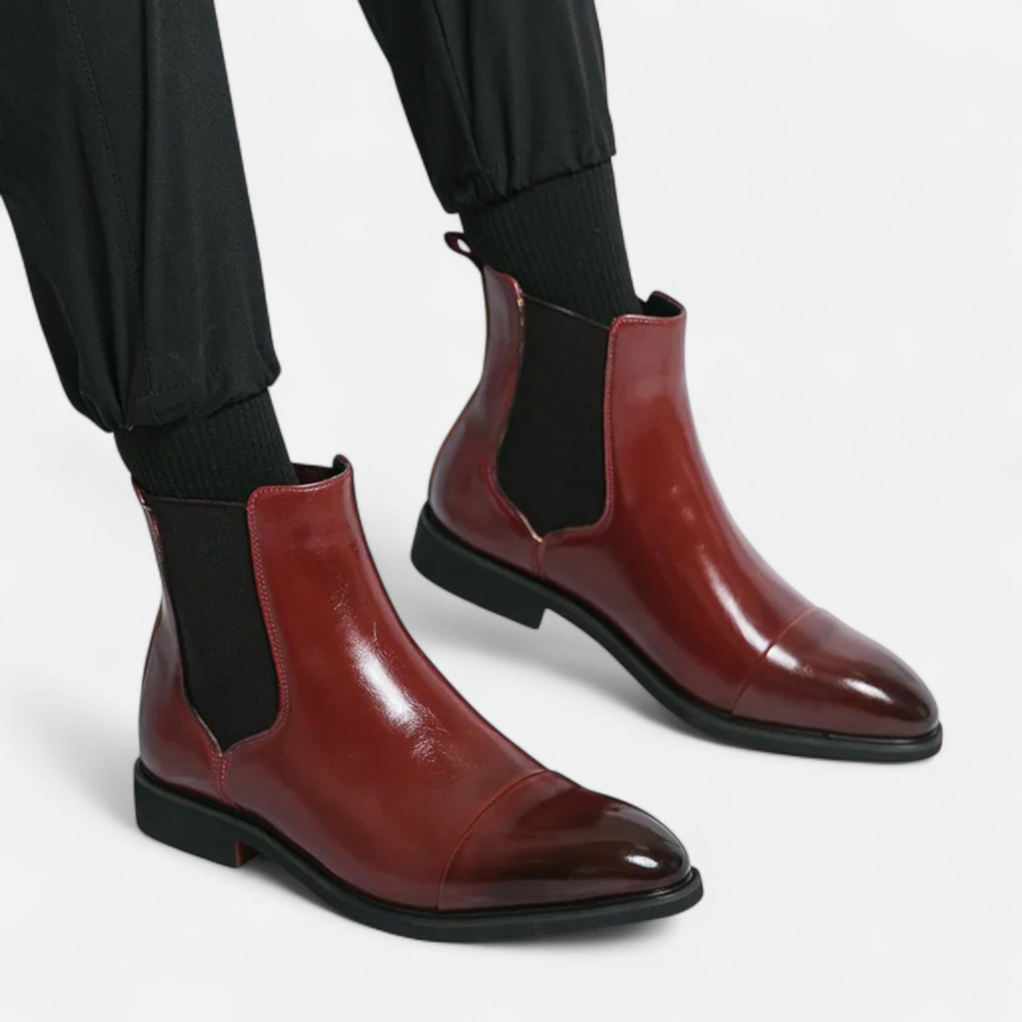 Volarno | Men’s Chelsea Boots in Polished Noir with Red Sole