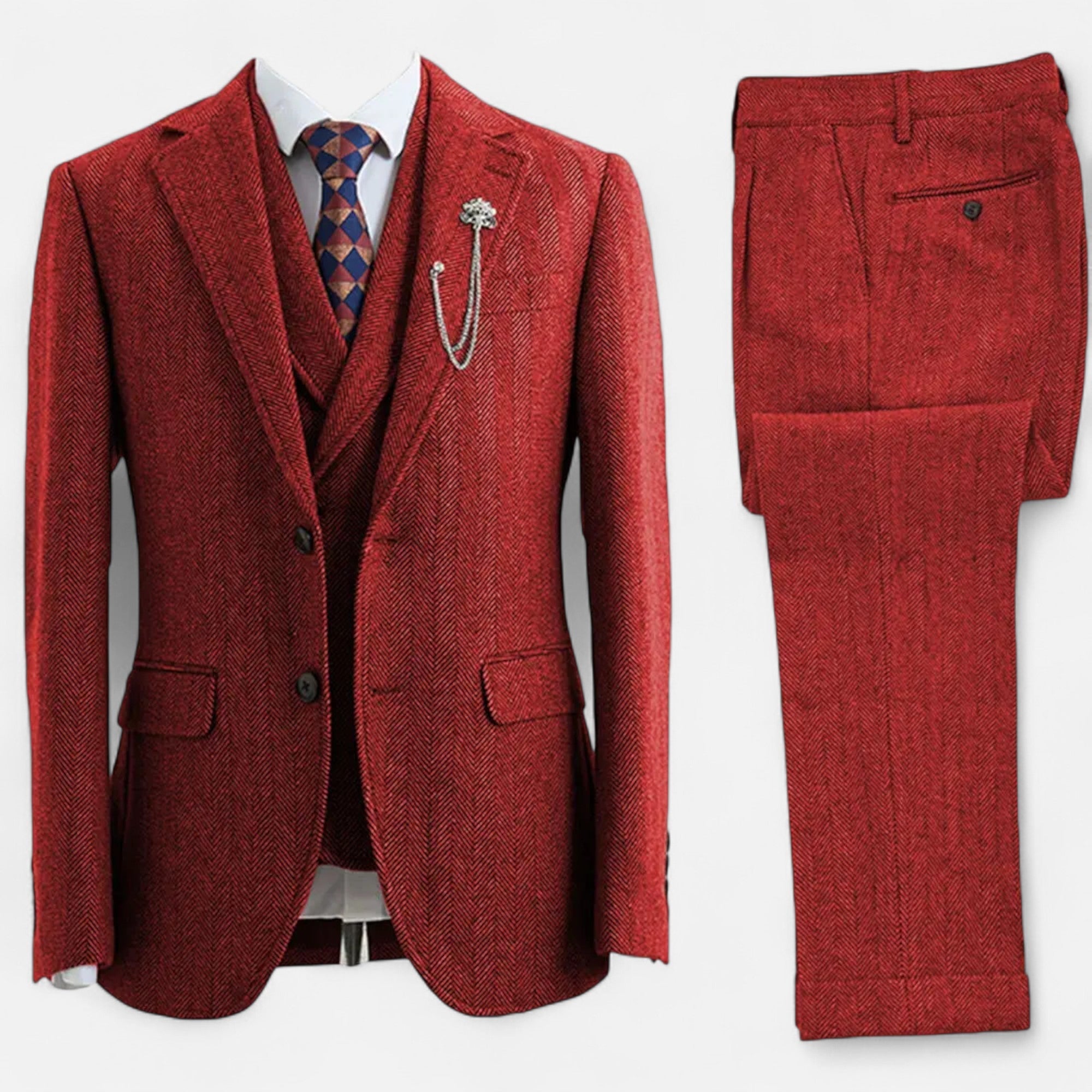 Volarno | Men’s 3-Piece Tweed Herringbone Double-Breasted Suit
