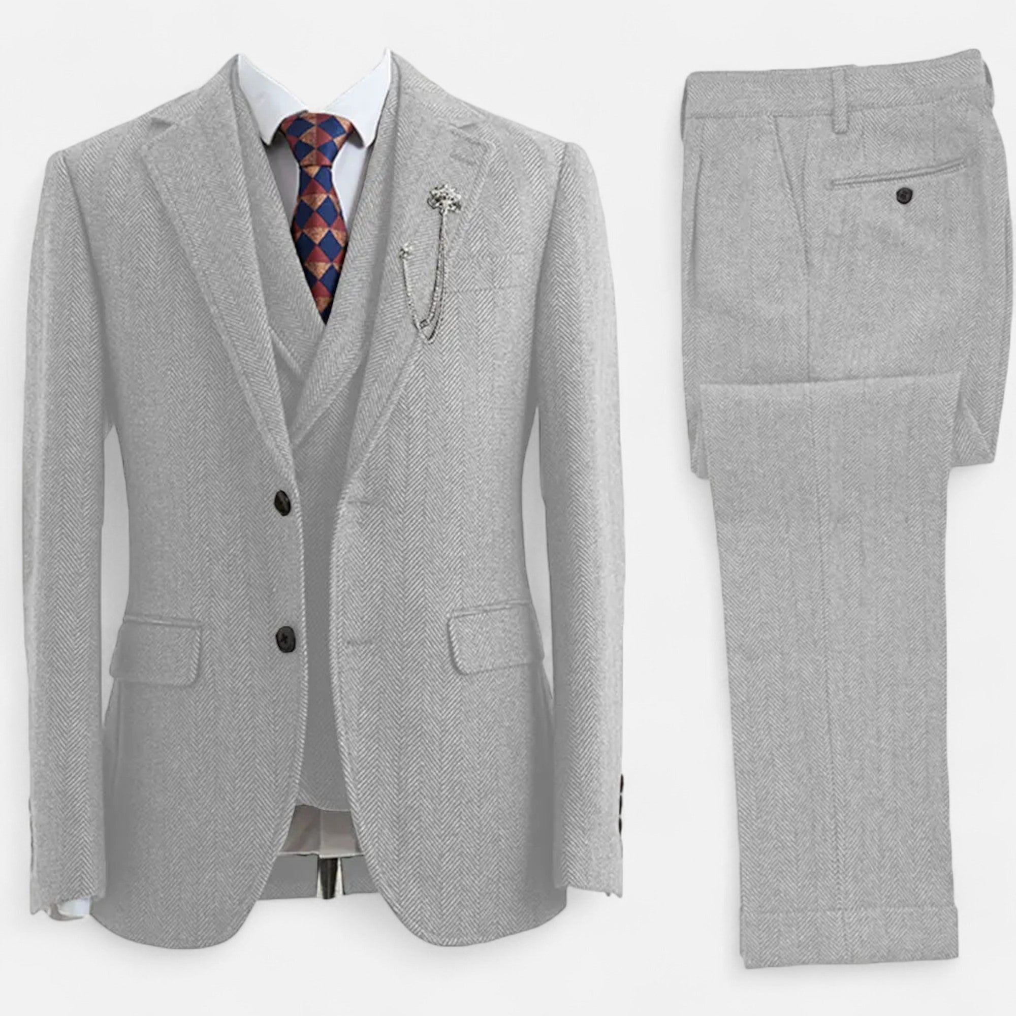 Volarno | Men’s 3-Piece Tweed Herringbone Double-Breasted Suit